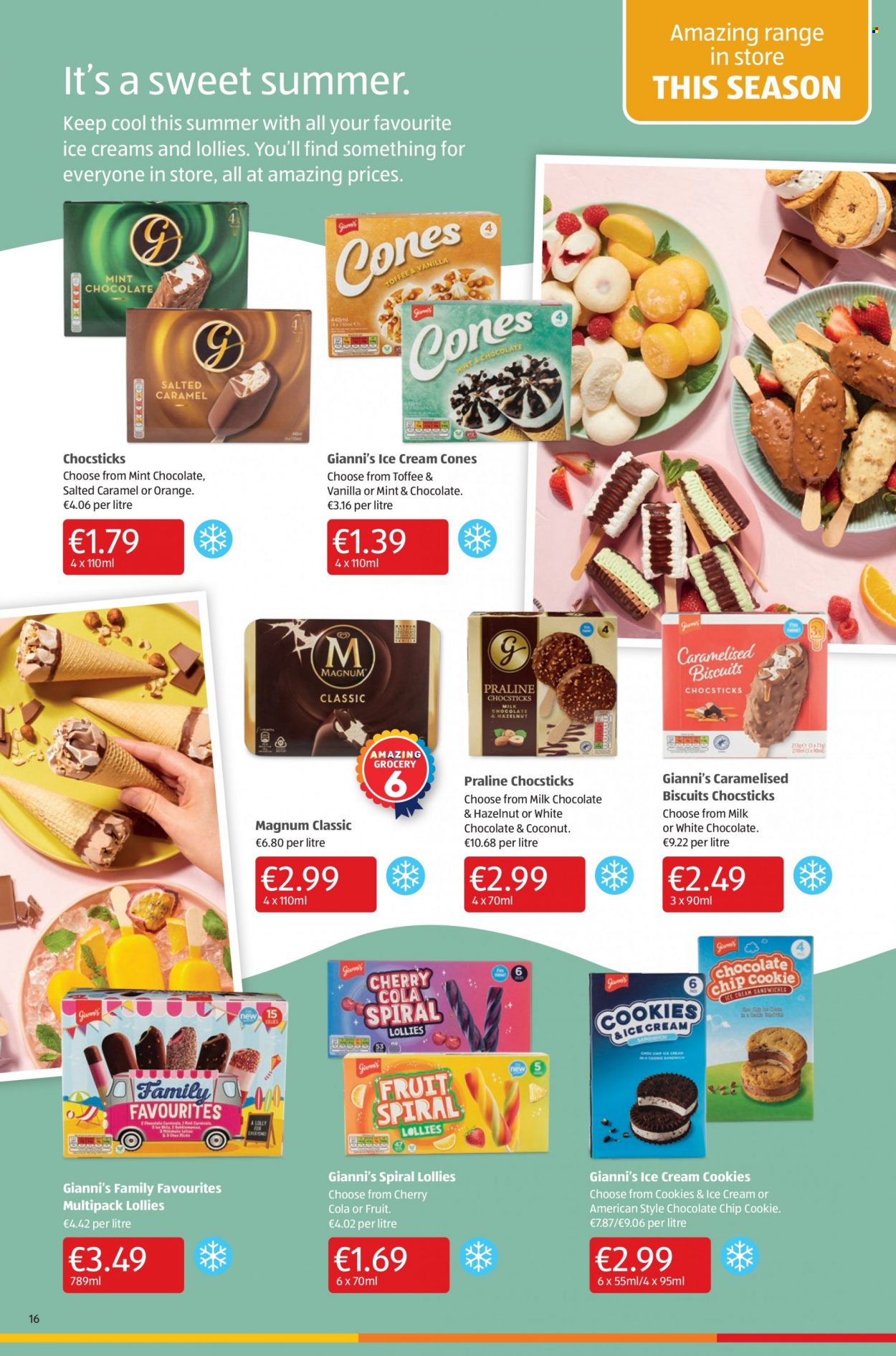 thumbnail - Aldi offer  - 26.05.2022 - 01.06.2022 - Sales products - cherries, oranges, Magnum, ice cream, milk chocolate, toffee, biscuit. Page 16.