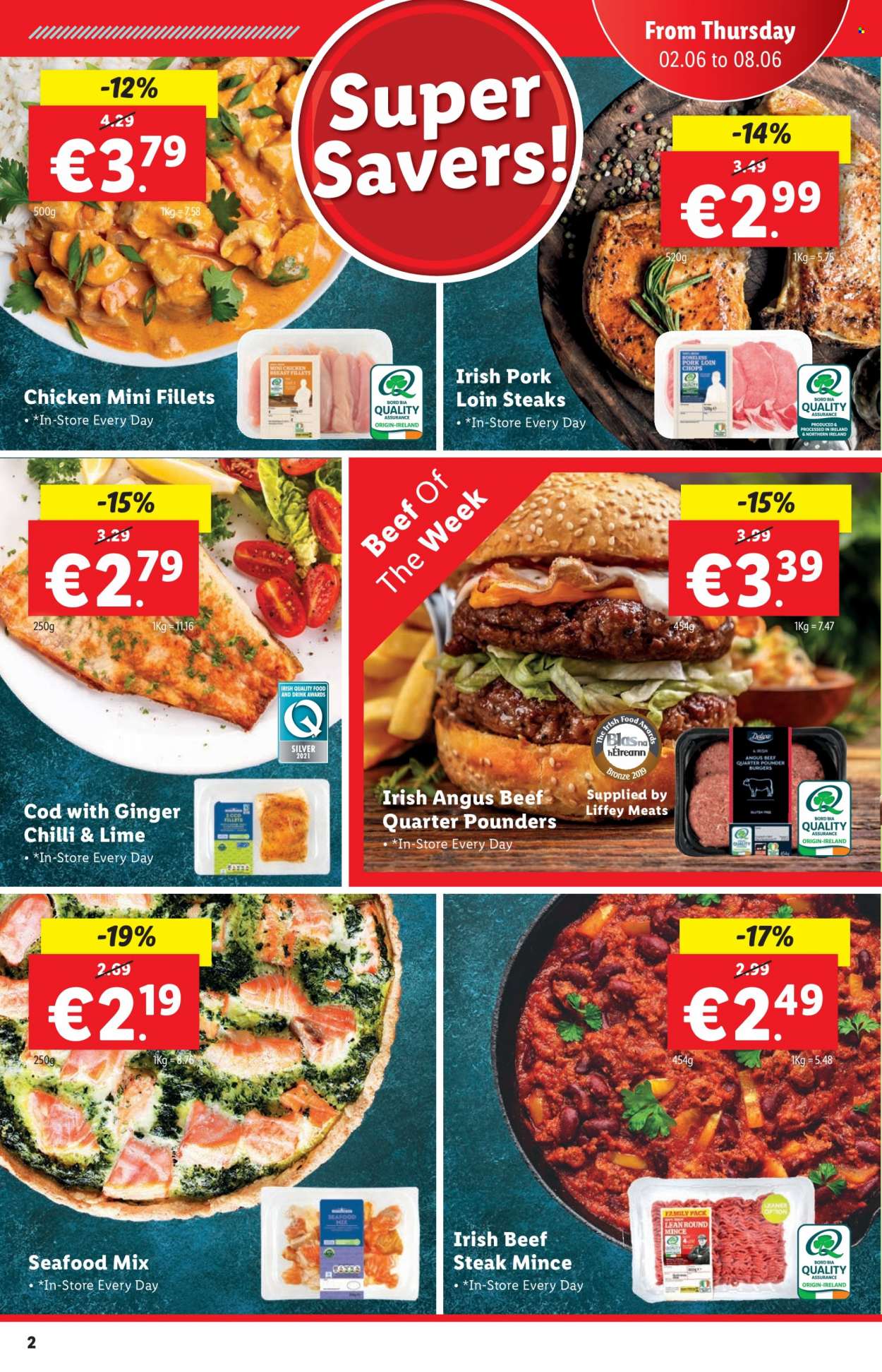 thumbnail - Lidl offer  - 02.06.2022 - 08.06.2022 - Sales products - ginger, cod, seafood, hamburger, chicken breasts, beef meat, beef steak, steak, pork chops, pork loin, pork meat. Page 2.