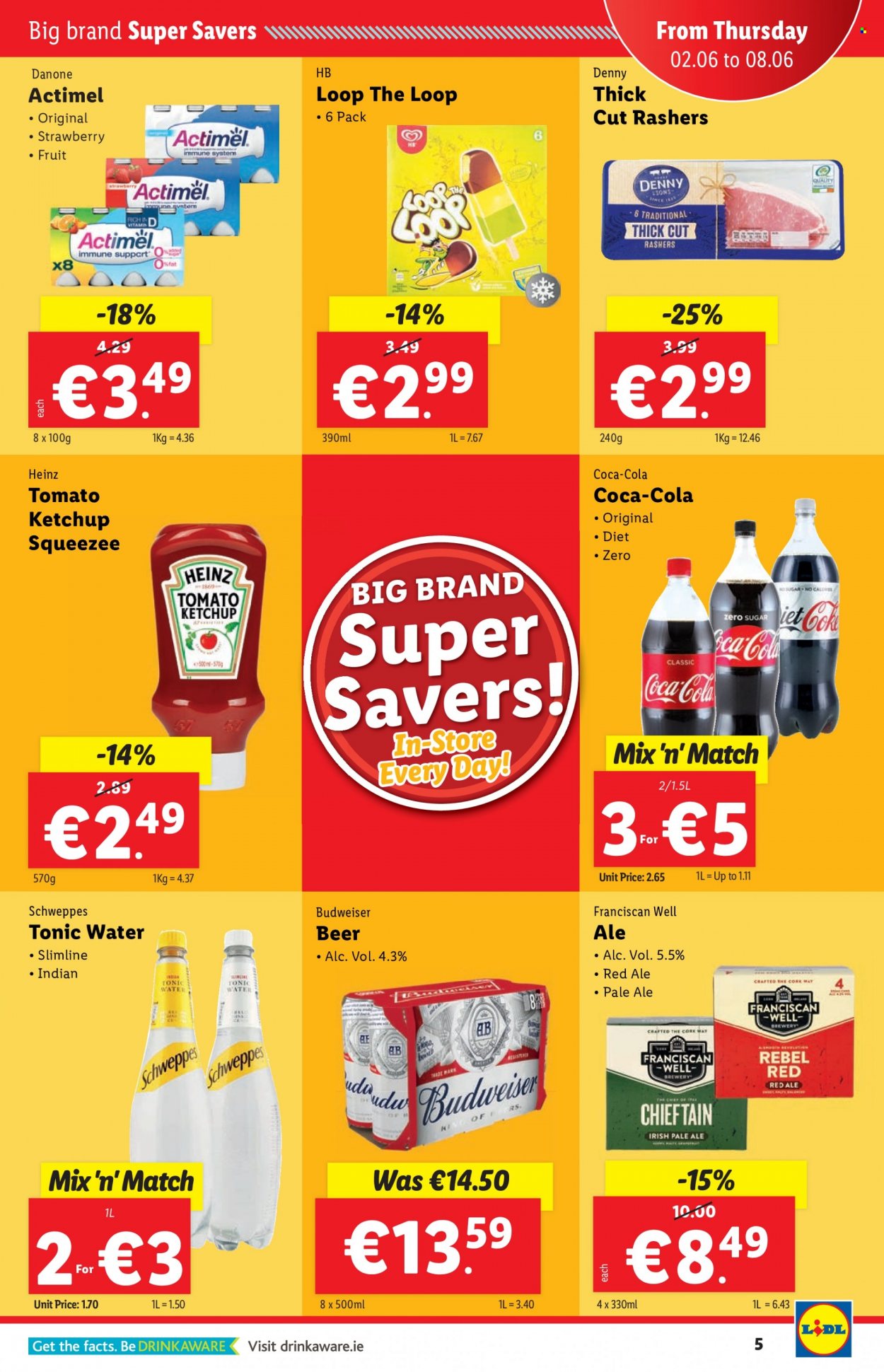 thumbnail - Lidl offer  - 02.06.2022 - 08.06.2022 - Sales products - Danone, Actimel, Heinz, ketchup, Coca-Cola, Schweppes, tonic, beer, Budweiser. Page 5.