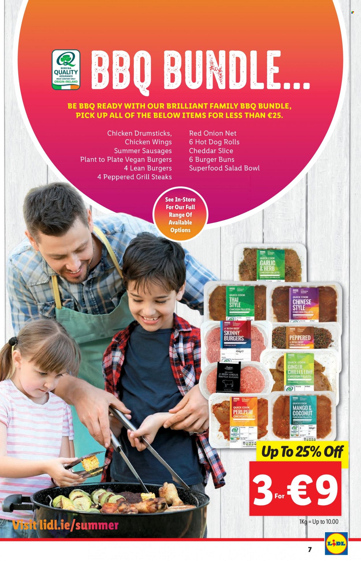 thumbnail - Lidl offer  - 02.06.2022 - 08.06.2022 - Sales products - hot dog rolls, buns, burger buns, ginger, onion, veggie burger, sausage, cheddar, cheese, chicken wings, chicken drumsticks, steak, salad bowl, grill. Page 7.
