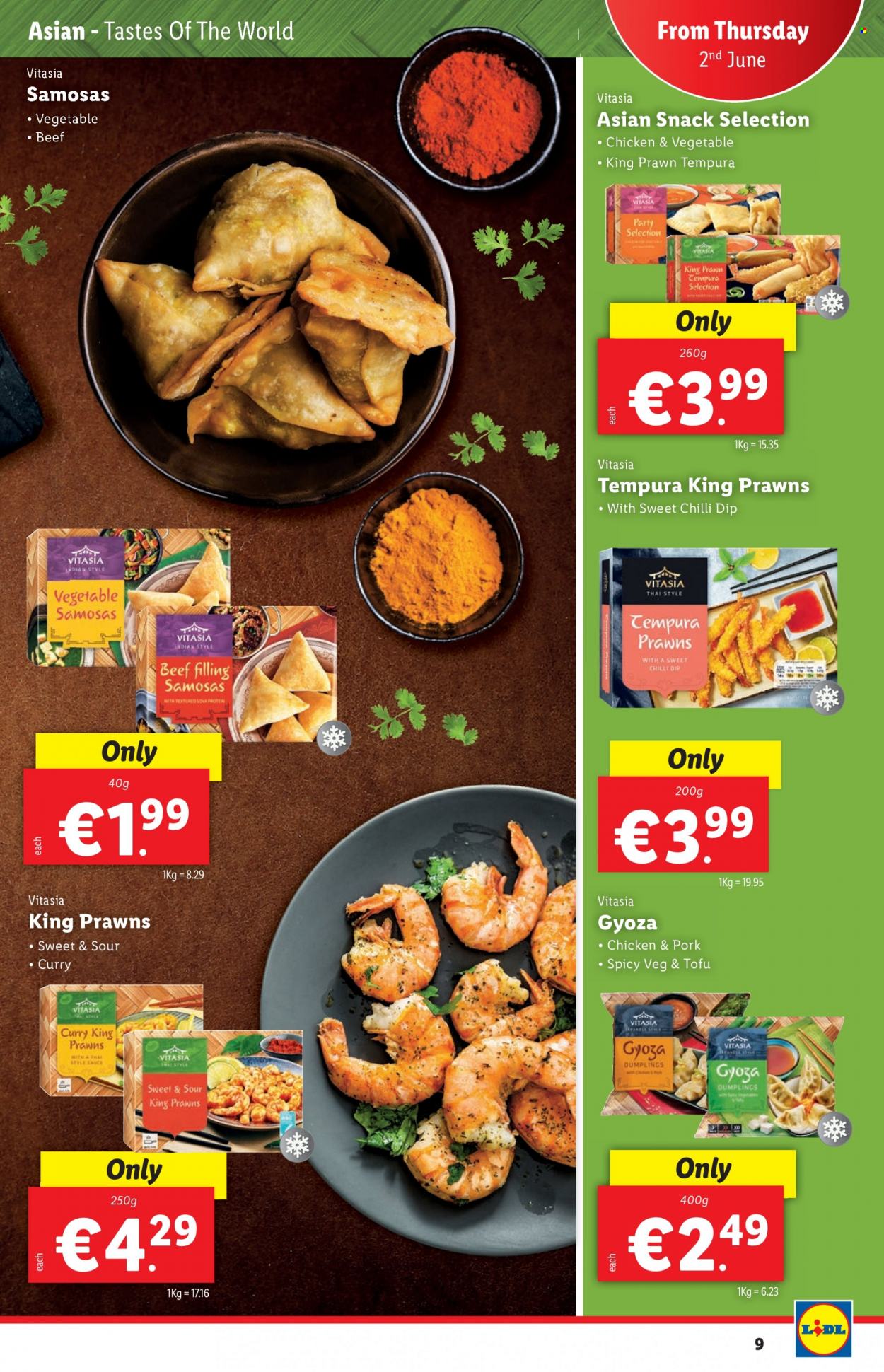 thumbnail - Lidl offer  - 02.06.2022 - 08.06.2022 - Sales products - prawns, sauce, dumplings, tofu, dip, snack. Page 9.