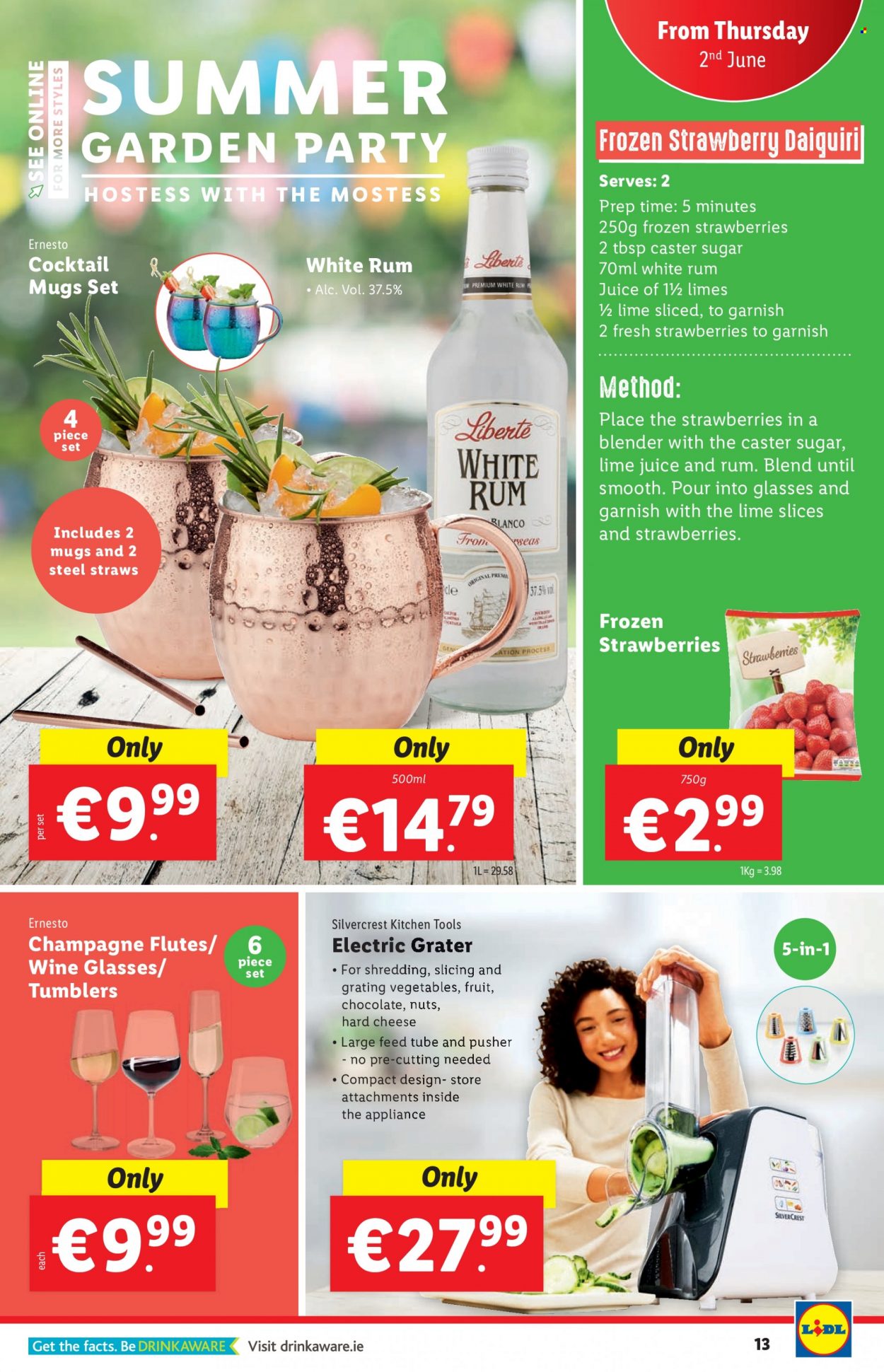 thumbnail - Lidl offer  - 02.06.2022 - 08.06.2022 - Sales products - limes, cheese, chocolate, sugar, wine, rum, wine glass, champagne flute, handy grater, flute. Page 13.