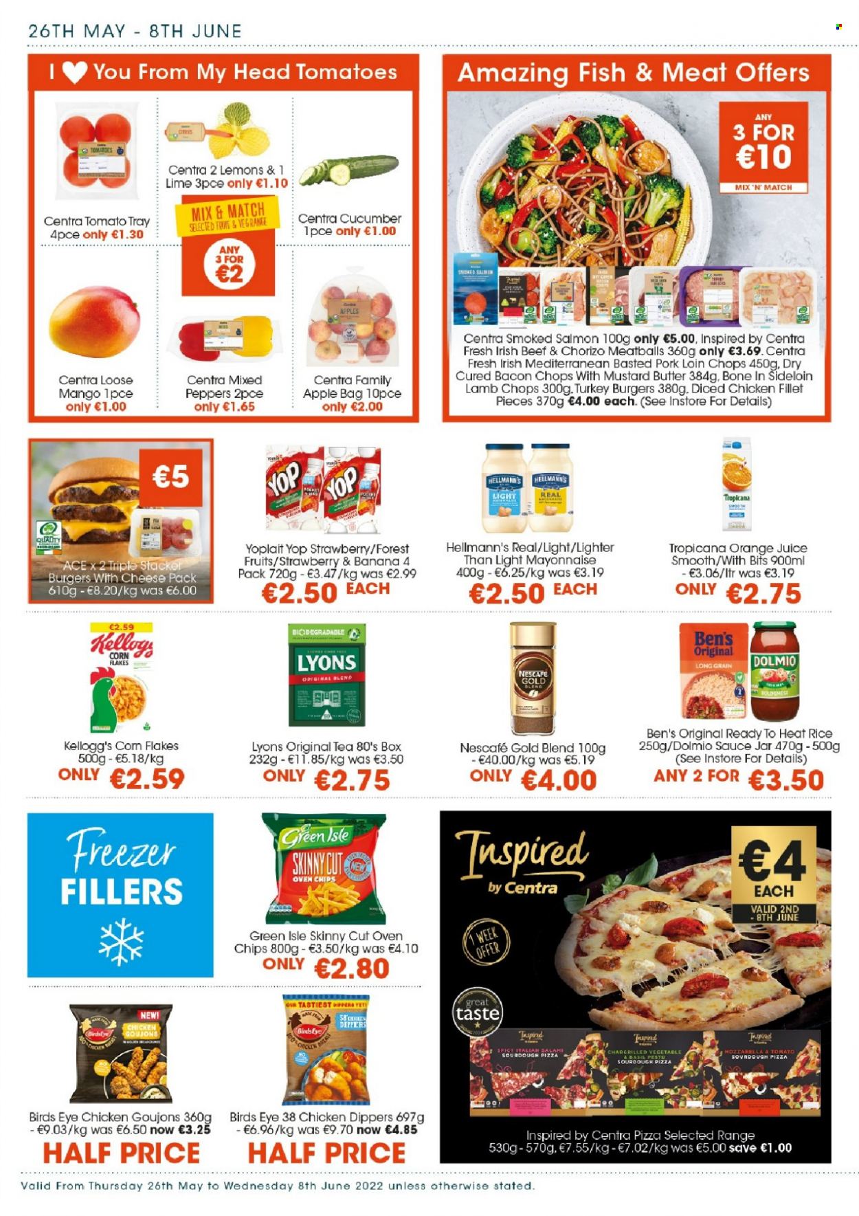 thumbnail - Centra offer  - 26.05.2022 - 08.06.2022 - Sales products - Ace, peppers, mango, apples, lemons, salmon, smoked salmon, fish, pizza, meatballs, hamburger, sauce, Bird's Eye, bacon, salami, ham, Yoplait, butter, mayonnaise, Hellmann’s, chicken dippers, frozen chips, Kellogg's, corn flakes, rice, orange juice, juice, tea, Lyons, Nescafé, turkey burger, pork chops, pork loin, pork meat, lamb chops, lamb meat, tray, jar. Page 2.