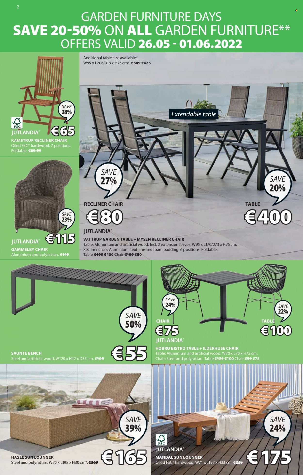 thumbnail - JYSK offer  - 26.05.2022 - 08.06.2022 - Sales products - extendable table, table, chair, bench, recliner chair, garden furniture. Page 2.