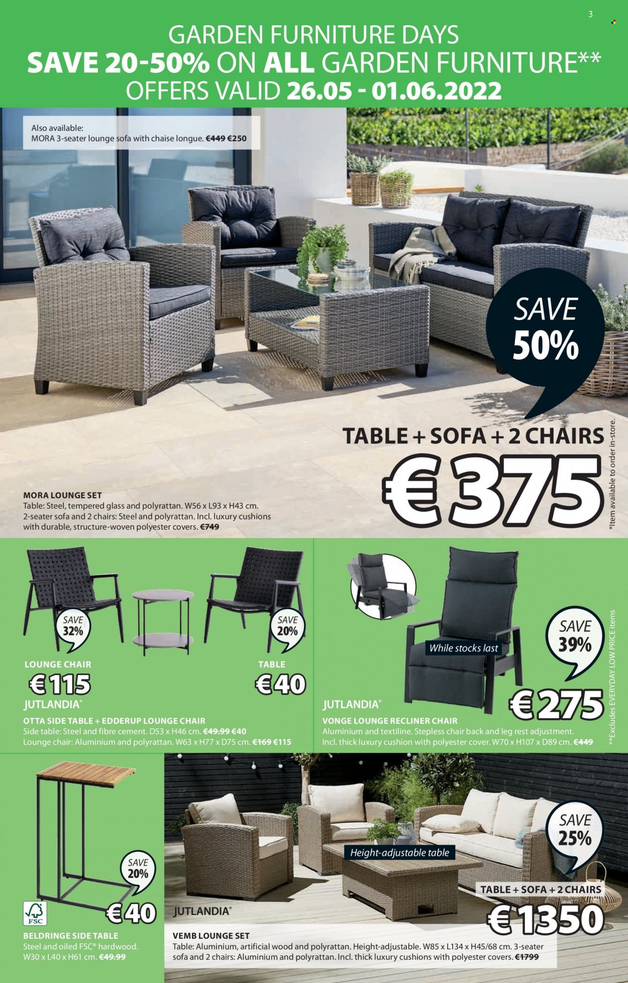 thumbnail - JYSK offer  - 26.05.2022 - 08.06.2022 - Sales products - table, chair, sofa, recliner chair, sofa with chaise longue, chaise longue, lounge, sidetable, garden furniture, cushion. Page 3.