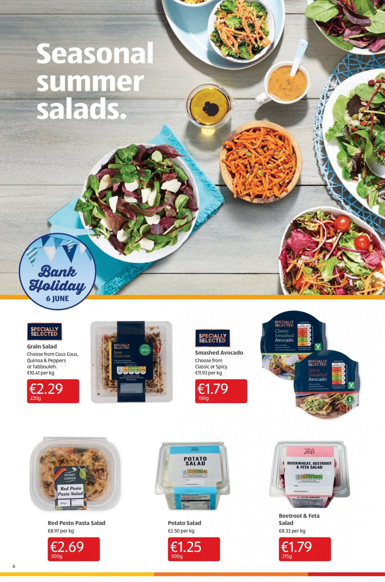 thumbnail - Aldi offer  - 02.06.2022 - 08.06.2022 - Sales products - salad, peppers, avocado, quince, pasta, potato salad, pasta salad, feta, buckwheat, quinoa, pot, toys. Page 4.