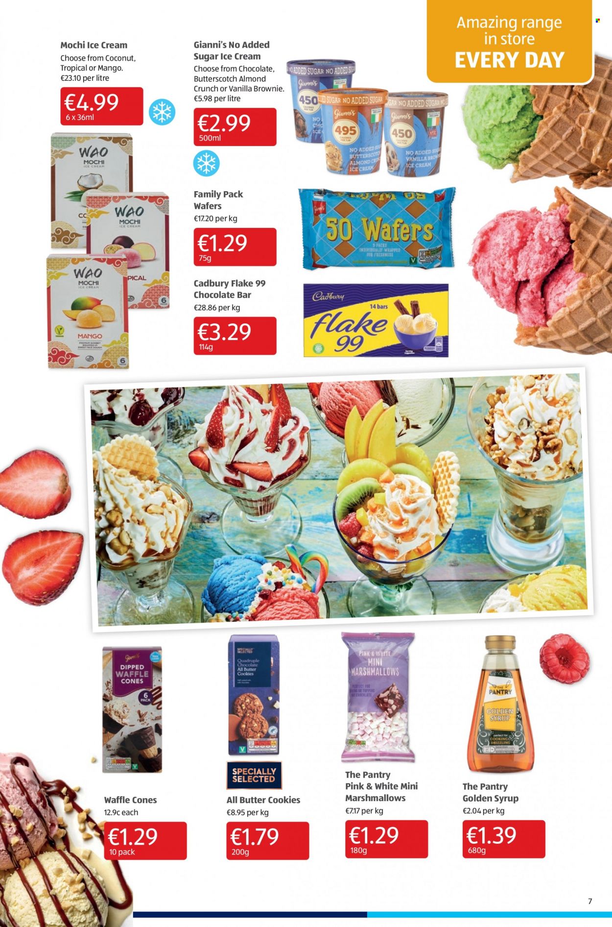 thumbnail - Aldi offer  - 02.06.2022 - 08.06.2022 - Sales products - brownies, coconut, ice cream, butterscotch, cookies, marshmallows, wafers, butter cookies, Cadbury, chocolate bar, topping, syrup. Page 7.