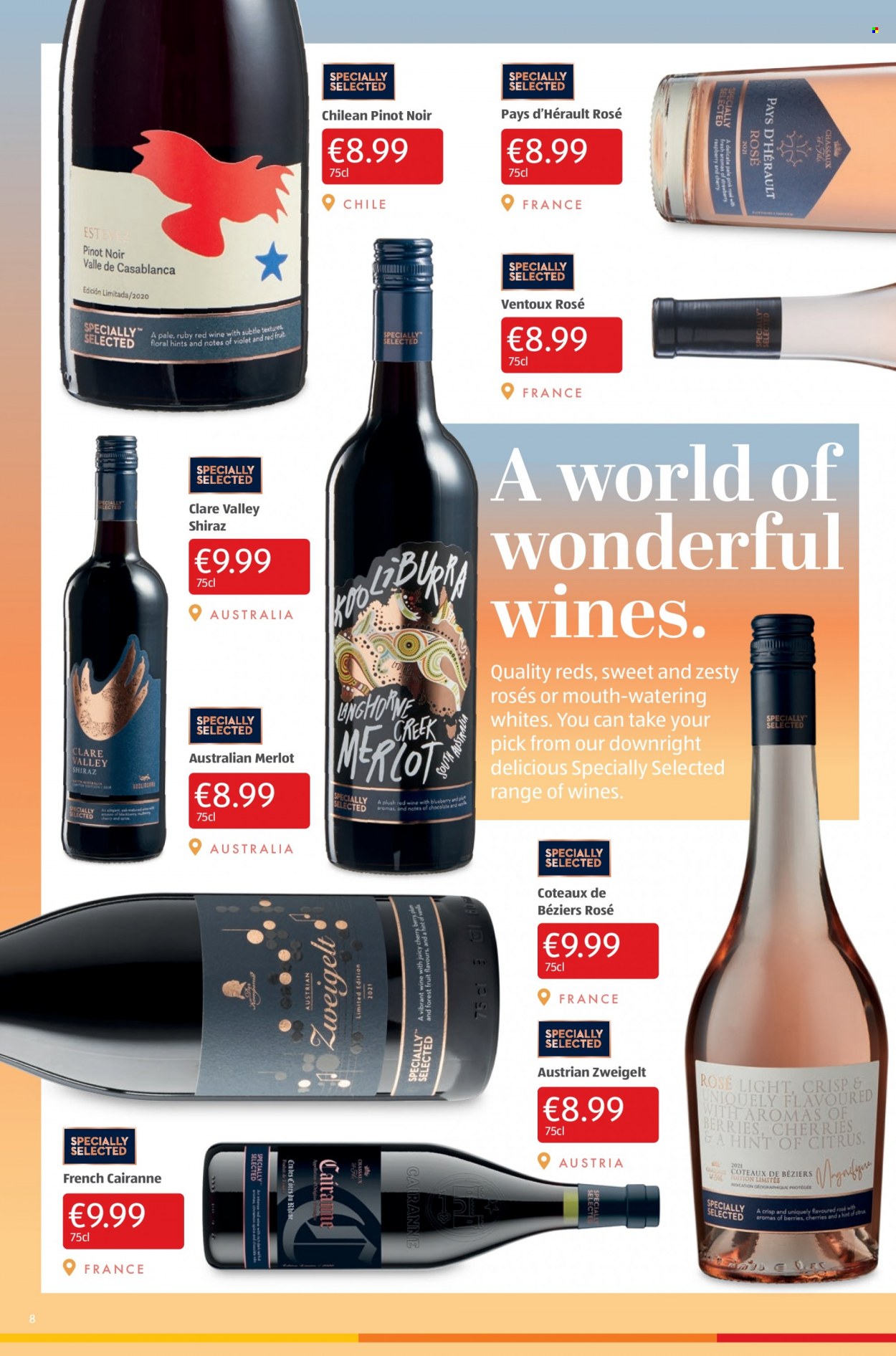 thumbnail - Aldi offer  - 02.06.2022 - 08.06.2022 - Sales products - red wine, wine, Merlot, Pinot Noir, Shiraz, rosé wine. Page 8.