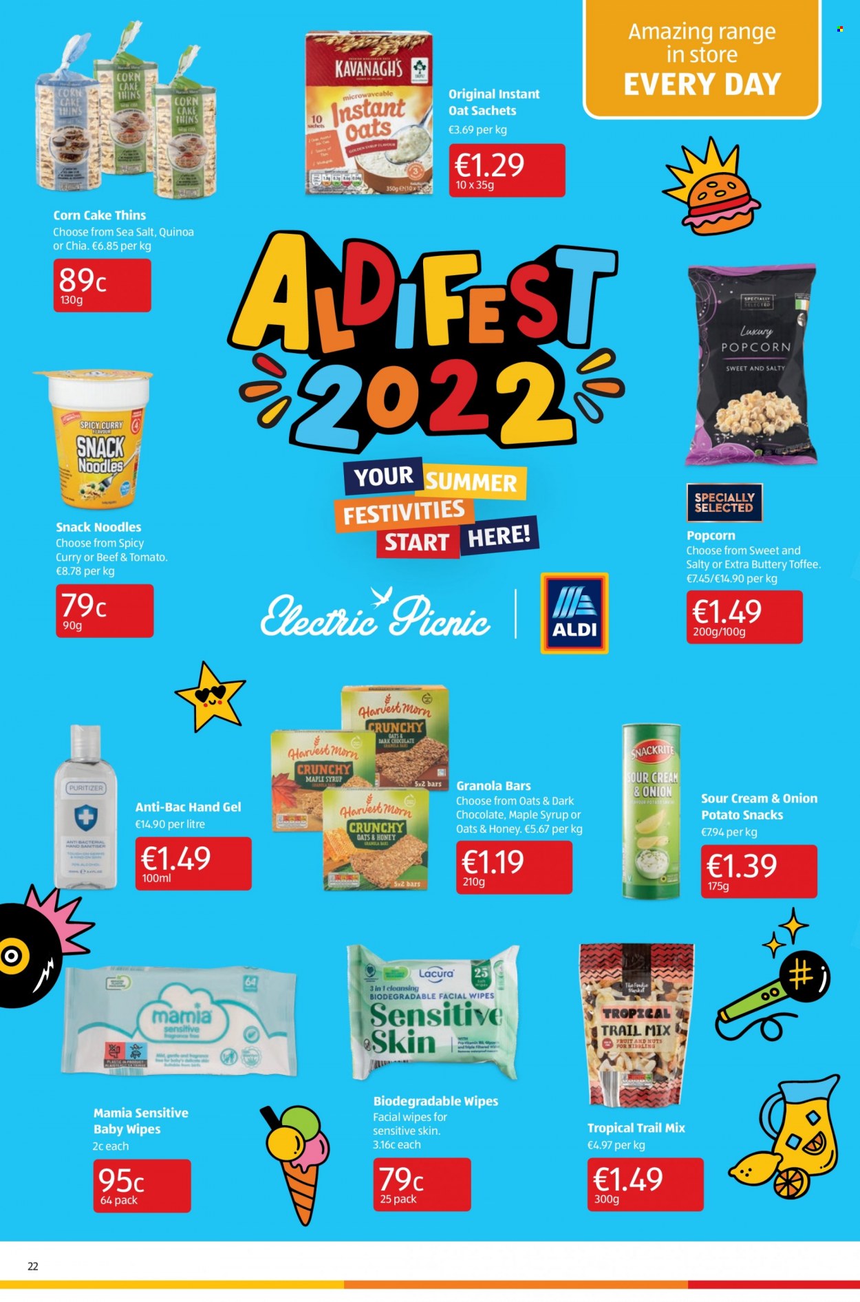 thumbnail - Aldi offer  - 02.06.2022 - 08.06.2022 - Sales products - cake, Corn Thins, corn, noodles, chocolate, snack, toffee, dark chocolate, Thins, popcorn, flour, sea salt, granola bar, quinoa, maple syrup, honey, syrup, trail mix, wipes, baby wipes, hand gel, fragrance. Page 22.
