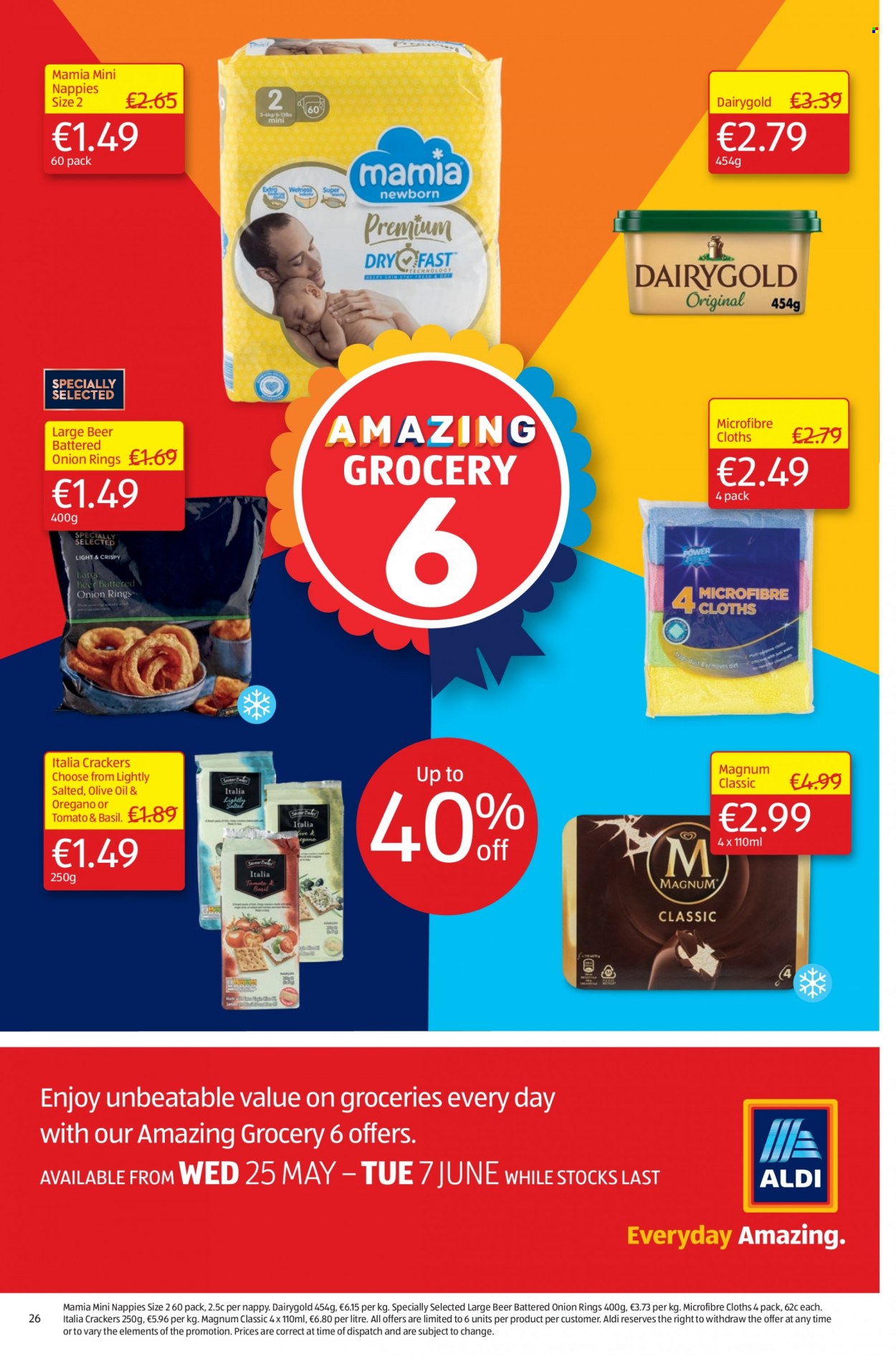 thumbnail - Aldi offer  - 02.06.2022 - 08.06.2022 - Sales products - onion rings, Magnum, crackers, olive oil, oil, beer, nappies. Page 26.