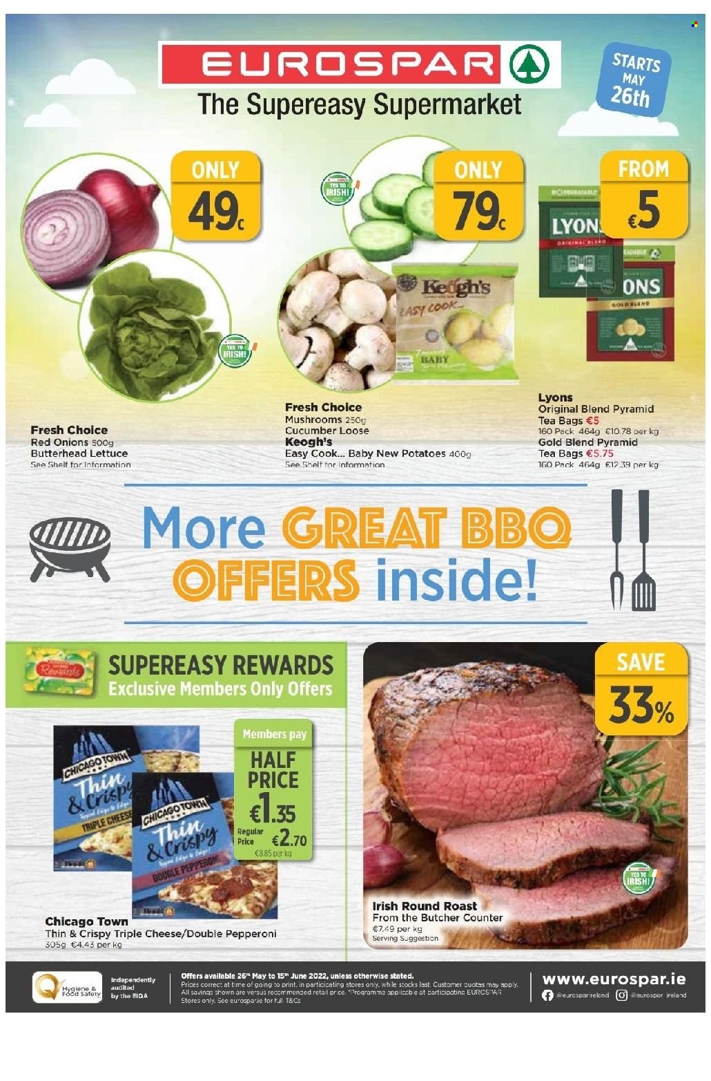 thumbnail - EUROSPAR offer  - 26.05.2022 - 15.06.2022 - Sales products - mushrooms, red onions, potatoes, onion, lettuce, pepperoni, cheese, tea bags, Lyons, beef meat, round roast. Page 1.