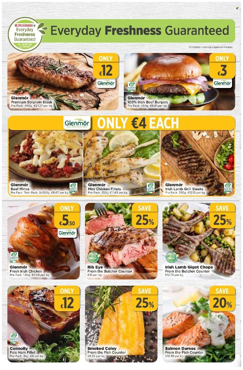 thumbnail - EUROSPAR offer  - 26.05.2022 - 15.06.2022 - Sales products - salmon, fish, hamburger, beef burger, ham, beef meat, ground beef, steak, striploin steak. Page 2.