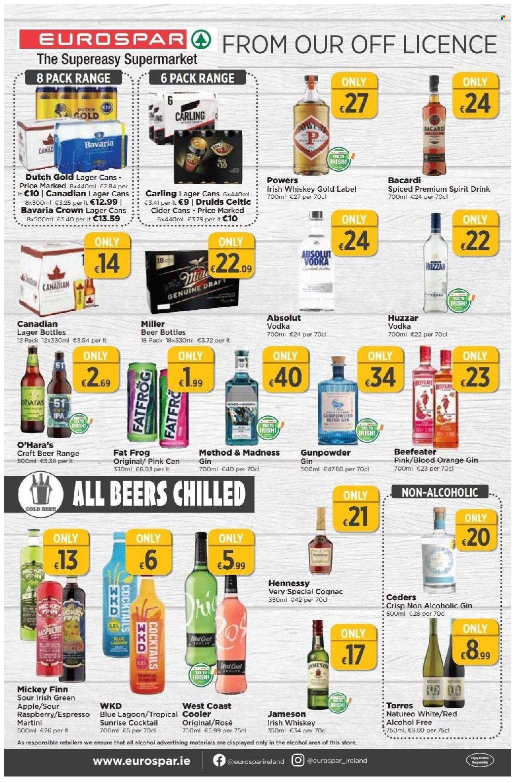 thumbnail - EUROSPAR offer  - 26.05.2022 - 15.06.2022 - Sales products - Mickey Mouse, wine, rosé wine, Bacardi, cognac, gin, vodka, whiskey, irish whiskey, Jameson, Hennessy, Absolut, Beefeater, Martini, whisky, cider, beer, Carling, Miller, Lager, IPA. Page 16.