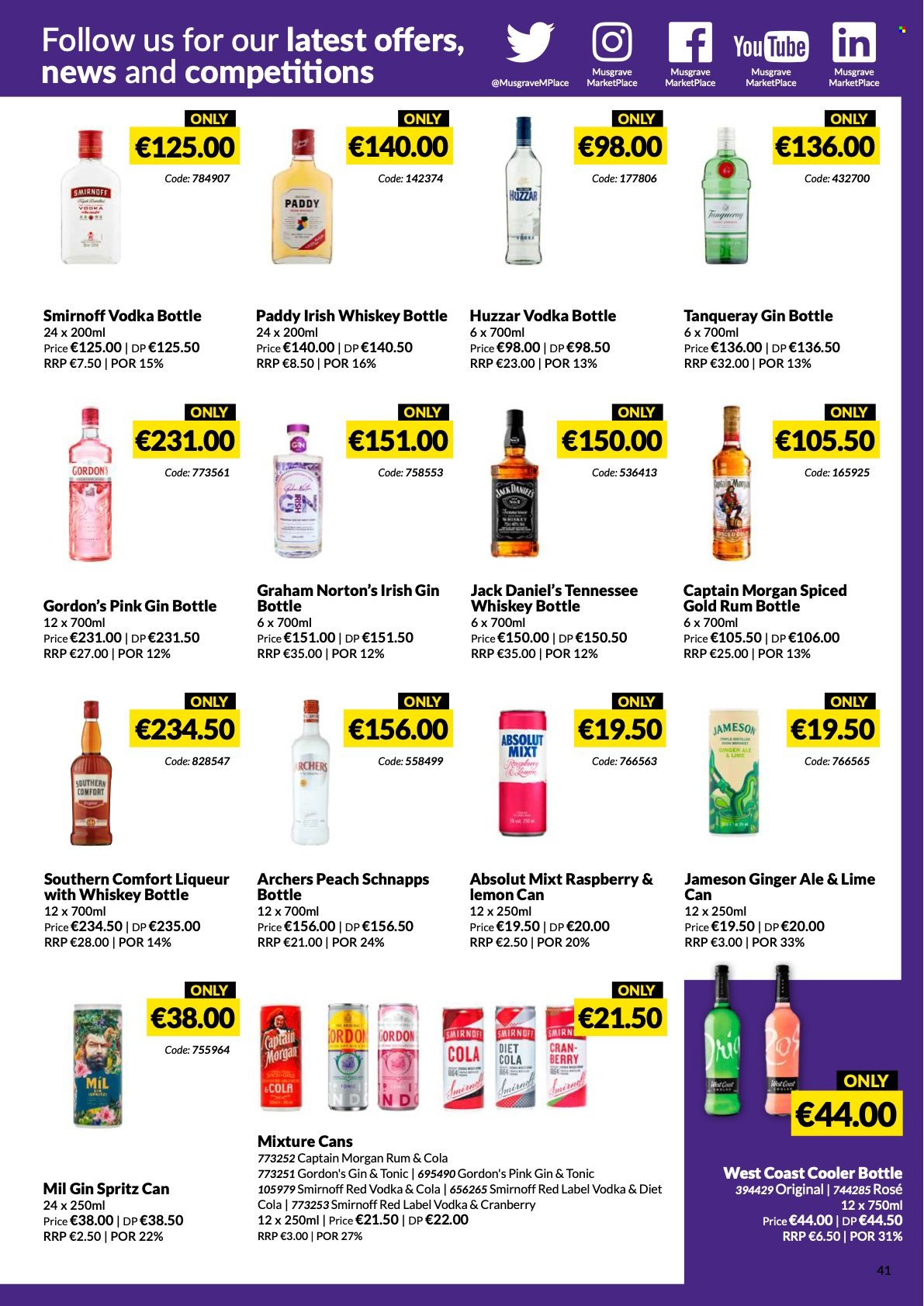 MUSGRAVE Market Place offer  - 5.6.2022 - 2.7.2022 - Sales products - Jack Daniel's, ginger ale, wine, rosé wine, Captain Morgan, liqueur, rum, schnapps, Smirnoff, Tennessee Whiskey, vodka, whiskey, irish whiskey, Jameson, Gordon's, Absolut, gin & tonic, whisky, rose. Page 41.
