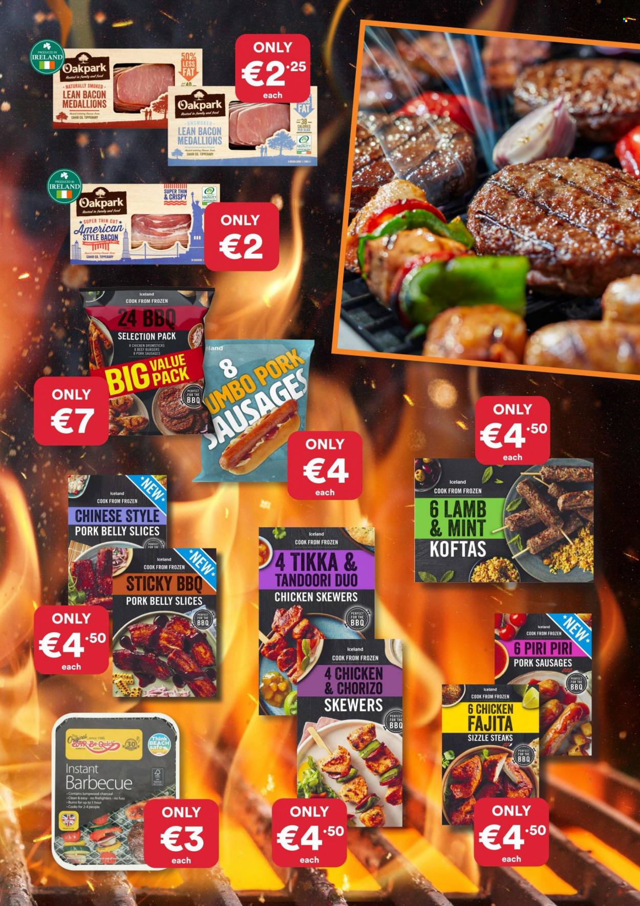 thumbnail - Iceland offer  - Sales products - hamburger, fajita, beef burger, bacon, sausage, chicken drumsticks, steak, pork belly, pork meat. Page 7.