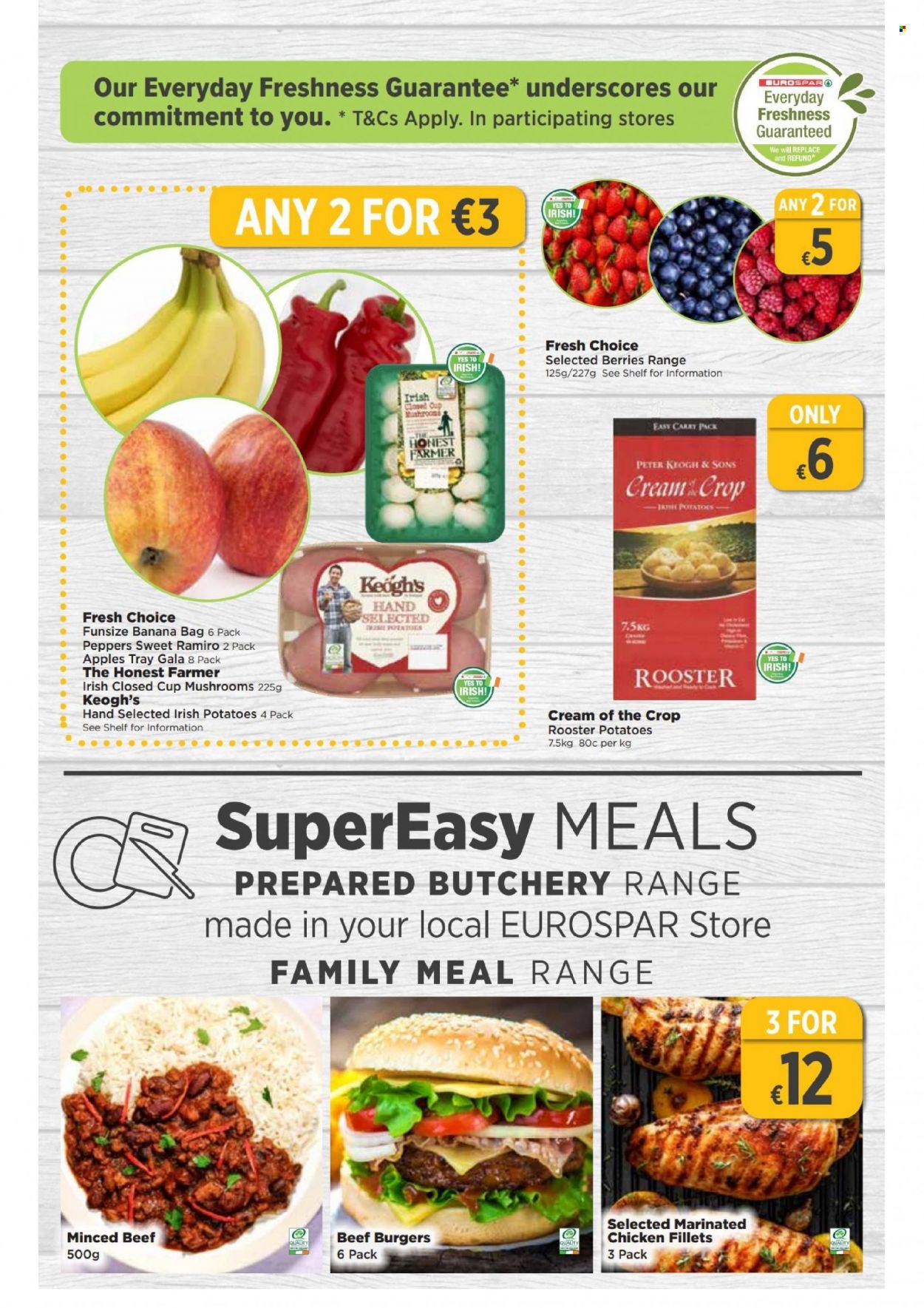 thumbnail - EUROSPAR offer  - 16.06.2022 - 06.07.2022 - Sales products - potatoes, peppers, Gala, apples, hamburger, beef burger, marinated chicken, tray. Page 3.