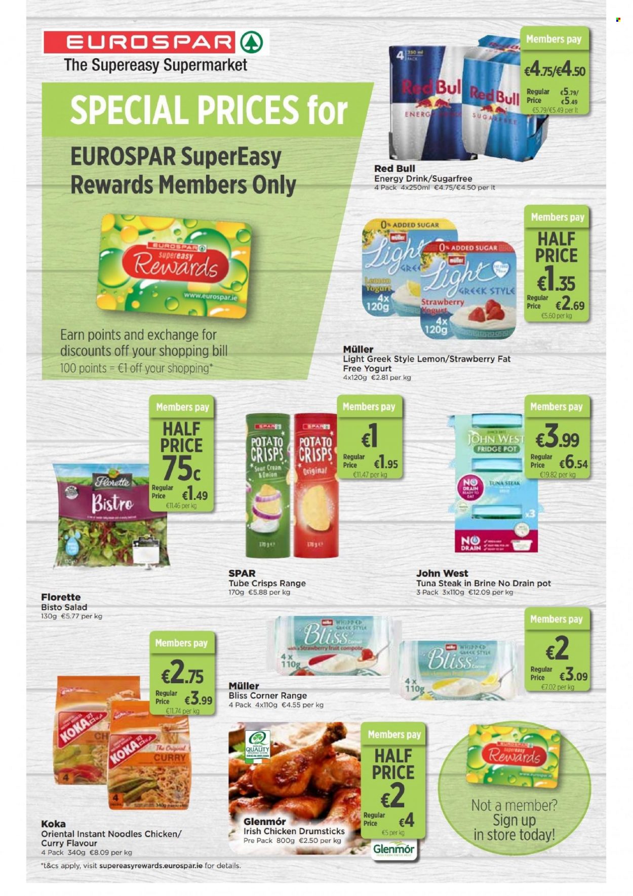 thumbnail - EUROSPAR offer  - 16.06.2022 - 06.07.2022 - Sales products - salad, tuna, instant noodles, noodles, yoghurt, Müller, potato crisps, tuna steak, compote, energy drink, Red Bull, chicken drumsticks, steak. Page 6.