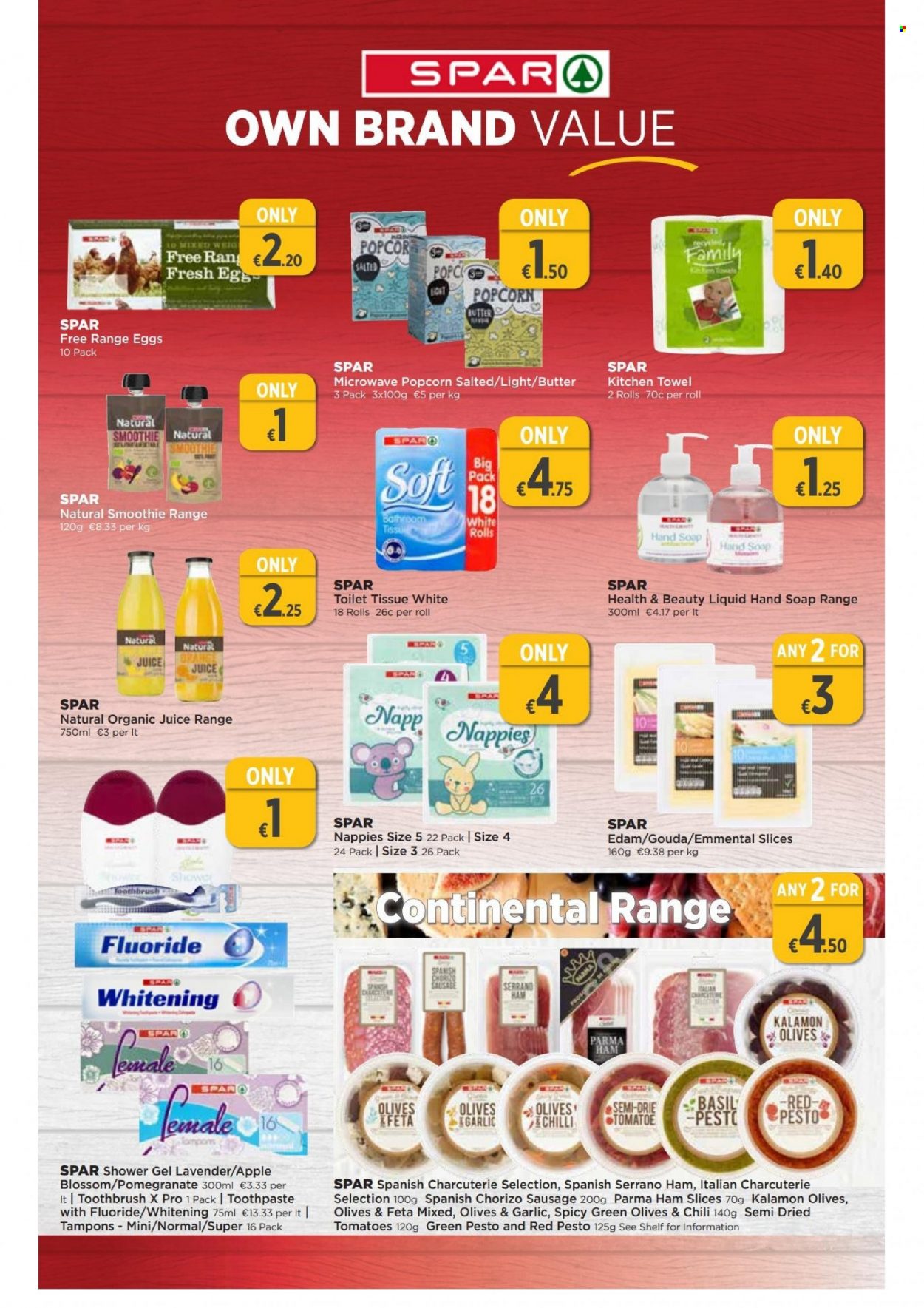 thumbnail - EUROSPAR offer  - 16.06.2022 - 06.07.2022 - Sales products - pomegranate, Continental, ham, chorizo, sausage, edam cheese, gouda, feta, eggs, butter, Blossom, popcorn, olives, esponja, pesto, orange juice, juice, smoothie, nappies, toilet paper, kitchen towels, shower gel, hand soap, soap, toothbrush, toothpaste, tampons. Page 7.