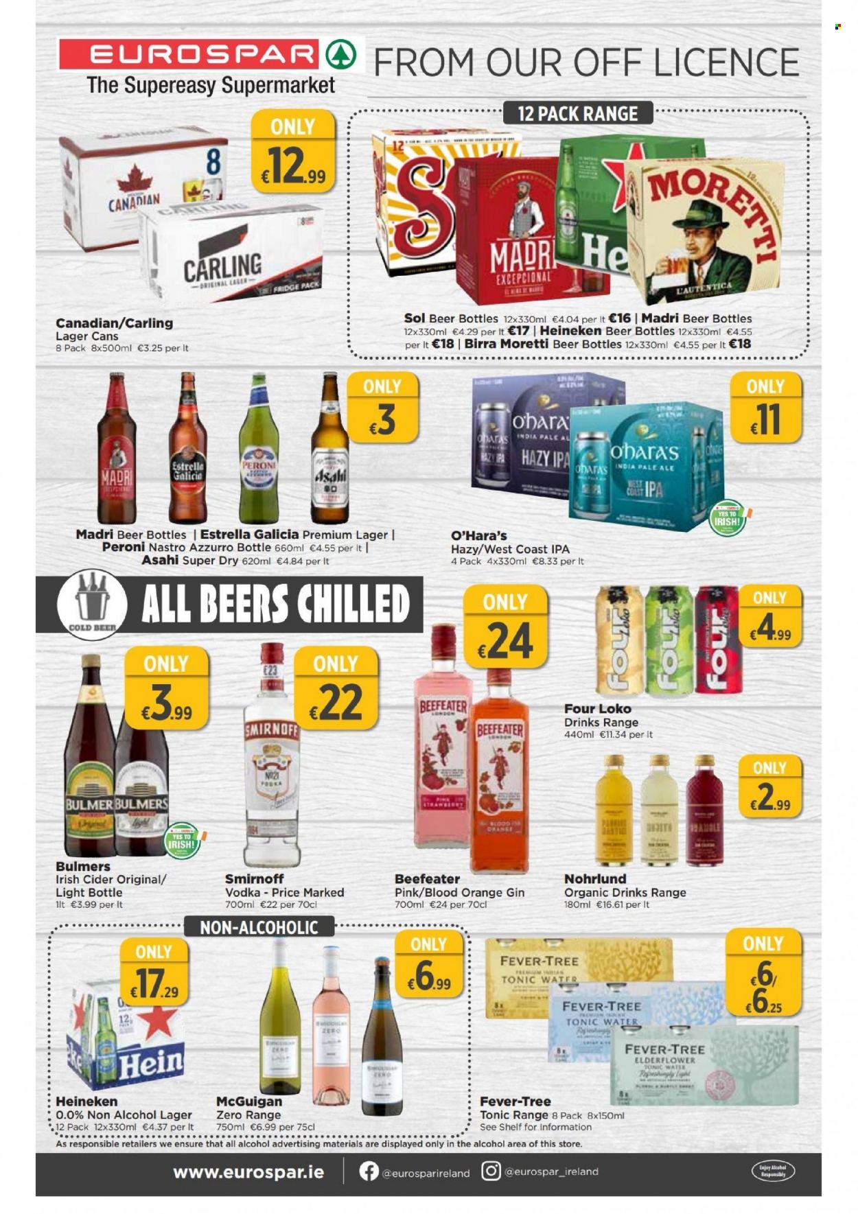 thumbnail - EUROSPAR offer  - 16.06.2022 - 06.07.2022 - Sales products - tonic, alcohol, gin, Smirnoff, vodka, punch, Beefeater, cider, beer, Heineken, Bulmers, Peroni, Carling, Sol, Lager, IPA. Page 16.