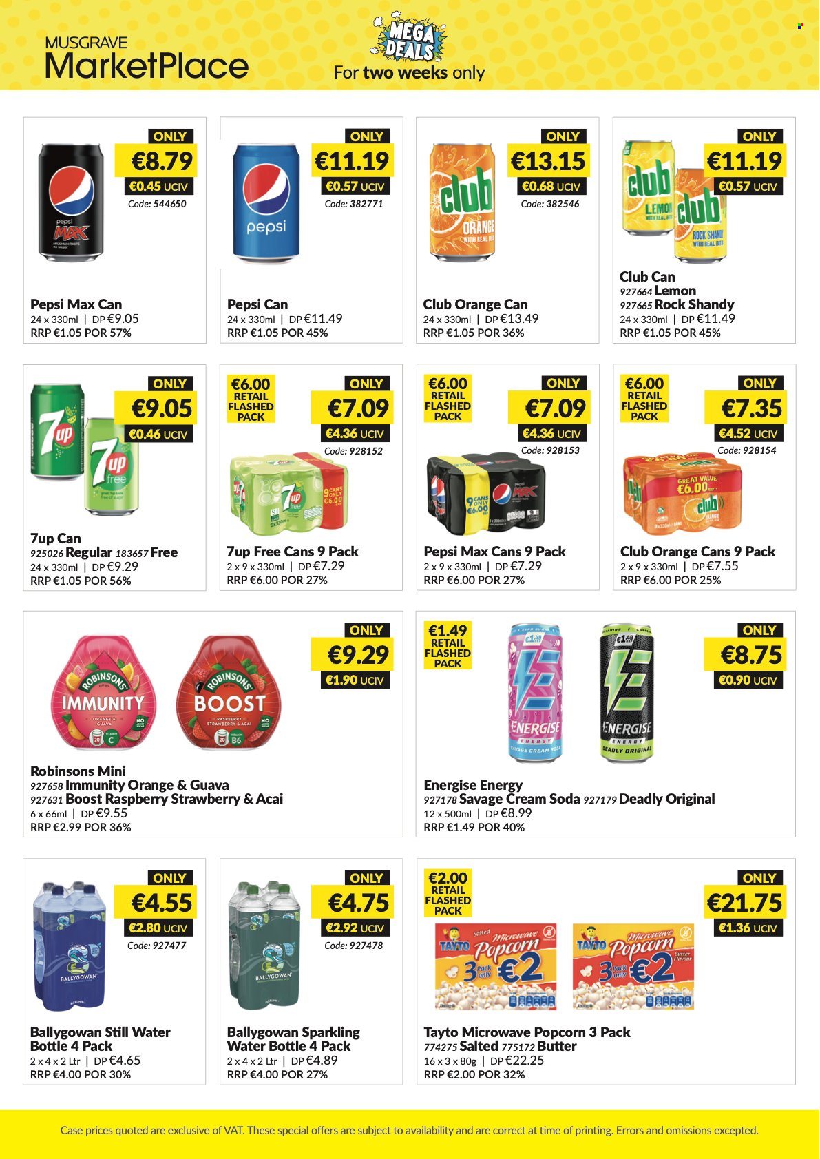 thumbnail - MUSGRAVE Market Place offer  - 19.06.2022 - 02.07.2022 - Sales products - guava, butter, Tayto, popcorn, Pepsi, Pepsi Max, 7UP, Ballygowan, mineral water, sparkling water, bottled water, Boost, drink bottle. Page 2.