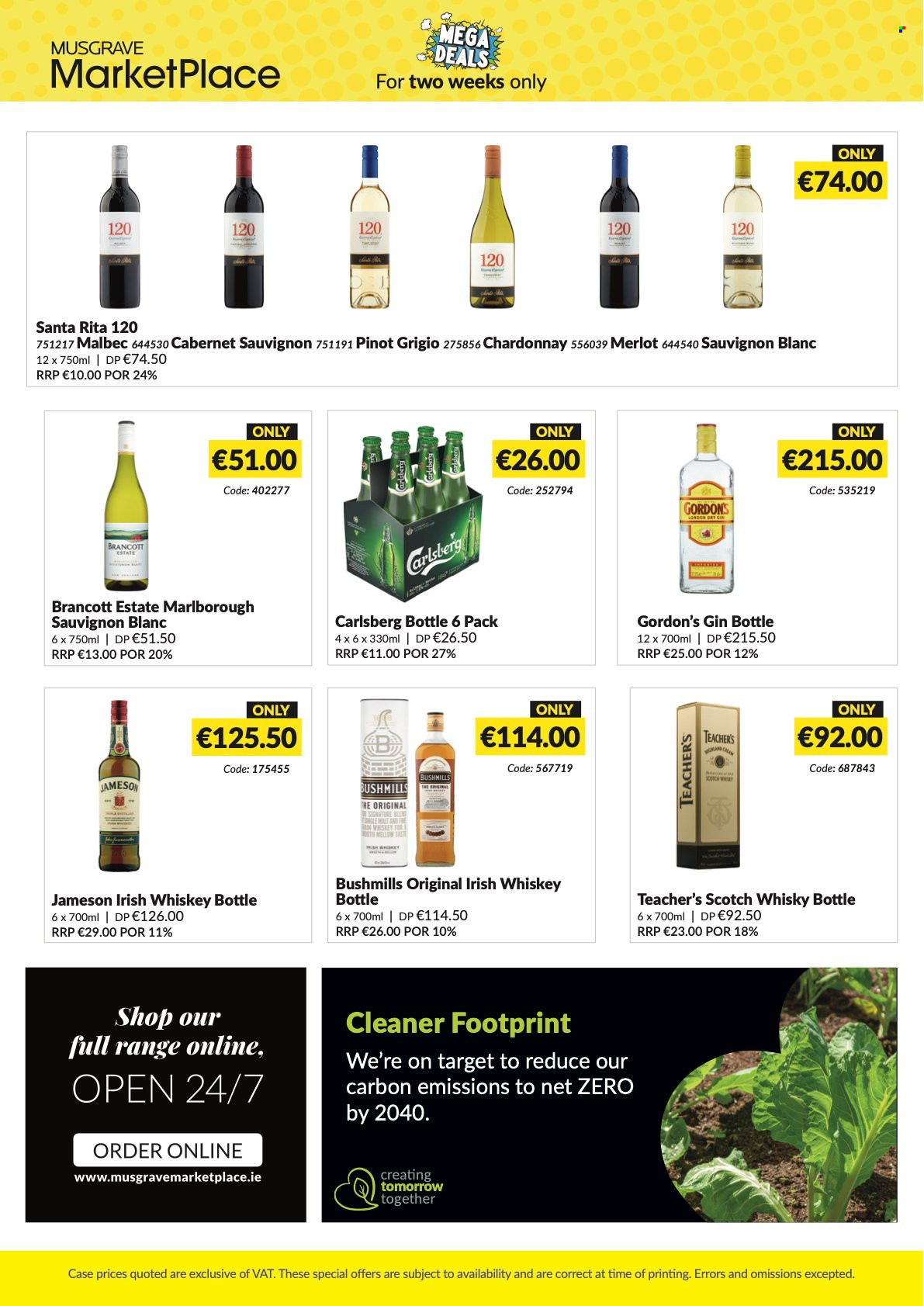 thumbnail - MUSGRAVE Market Place offer  - 19.06.2022 - 02.07.2022 - Sales products - Cabernet Sauvignon, red wine, white wine, Chardonnay, wine, Merlot, Pinot Grigio, Sauvignon Blanc, gin, whiskey, irish whiskey, Jameson, Gordon's, scotch whisky, whisky, Carlsberg, cleaner, Target. Page 4.