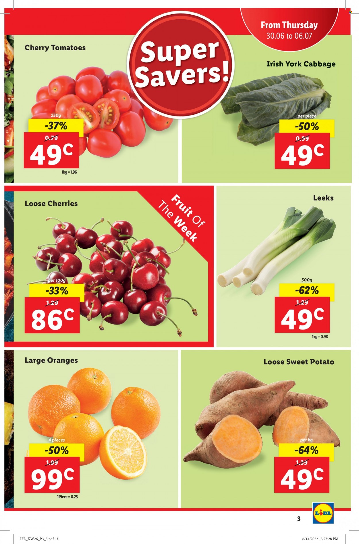 thumbnail - Lidl offer  - 30.06.2022 - 06.07.2022 - Sales products - cabbage, sweet potato, tomatoes, potatoes, cherries, oranges. Page 3.