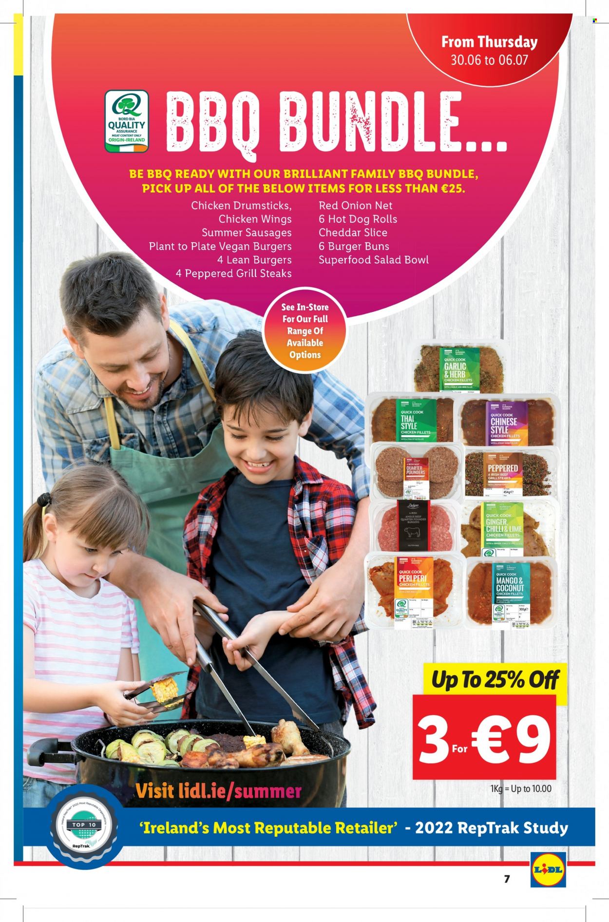 thumbnail - Lidl offer  - 30.06.2022 - 06.07.2022 - Sales products - hot dog rolls, buns, burger buns, ginger, onion, veggie burger, sausage, cheddar, cheese, chicken wings, chicken drumsticks, beef meat, steak, salad bowl, grill. Page 7.