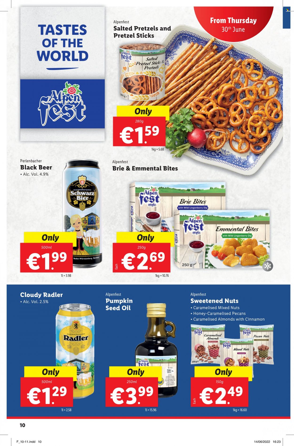 thumbnail - Lidl offer  - 30.06.2022 - 06.07.2022 - Sales products - pretzels, Alpen Fest, brie, oil, honey, almonds, pecans, mixed nuts, beer, Perlenbacher. Page 10.