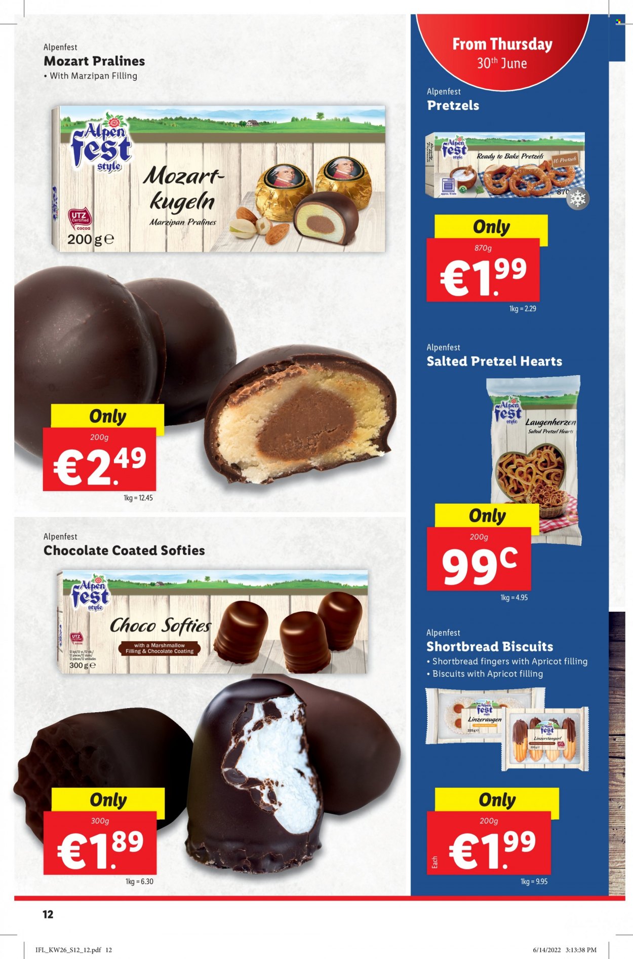 thumbnail - Lidl offer  - 30.06.2022 - 06.07.2022 - Sales products - pretzels, Alpen Fest, marshmallows, pralines, chocolate, biscuit, cocoa, marzipan. Page 12.