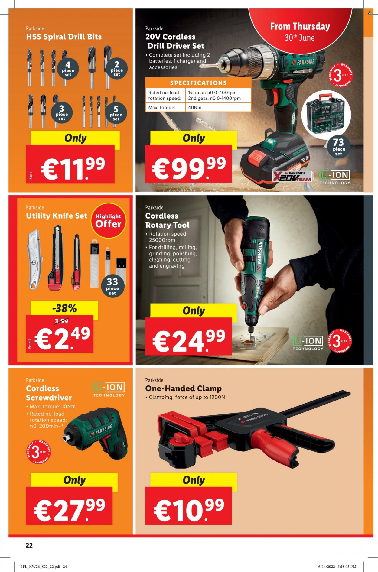 thumbnail - Lidl offer  - 30.06.2022 - 06.07.2022 - Sales products - Parkside, screwdriver, utility knife. Page 22.