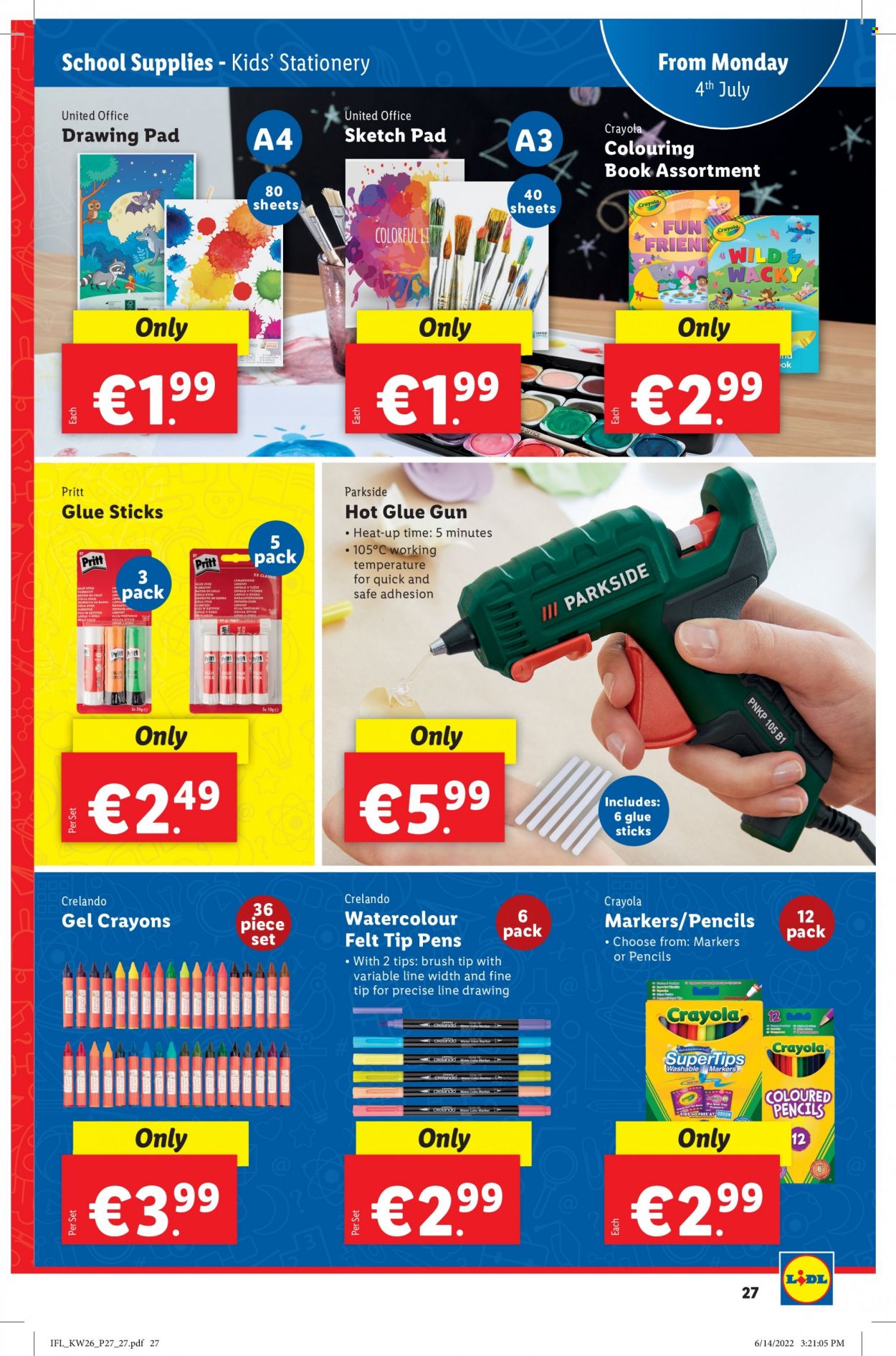 thumbnail - Lidl offer  - 30.06.2022 - 06.07.2022 - Sales products - drawing pad, crayons, glue, drawing book, pencil, felt-tip pens, watercolour, sketch pad, book, Parkside, glue gun, gun. Page 27.