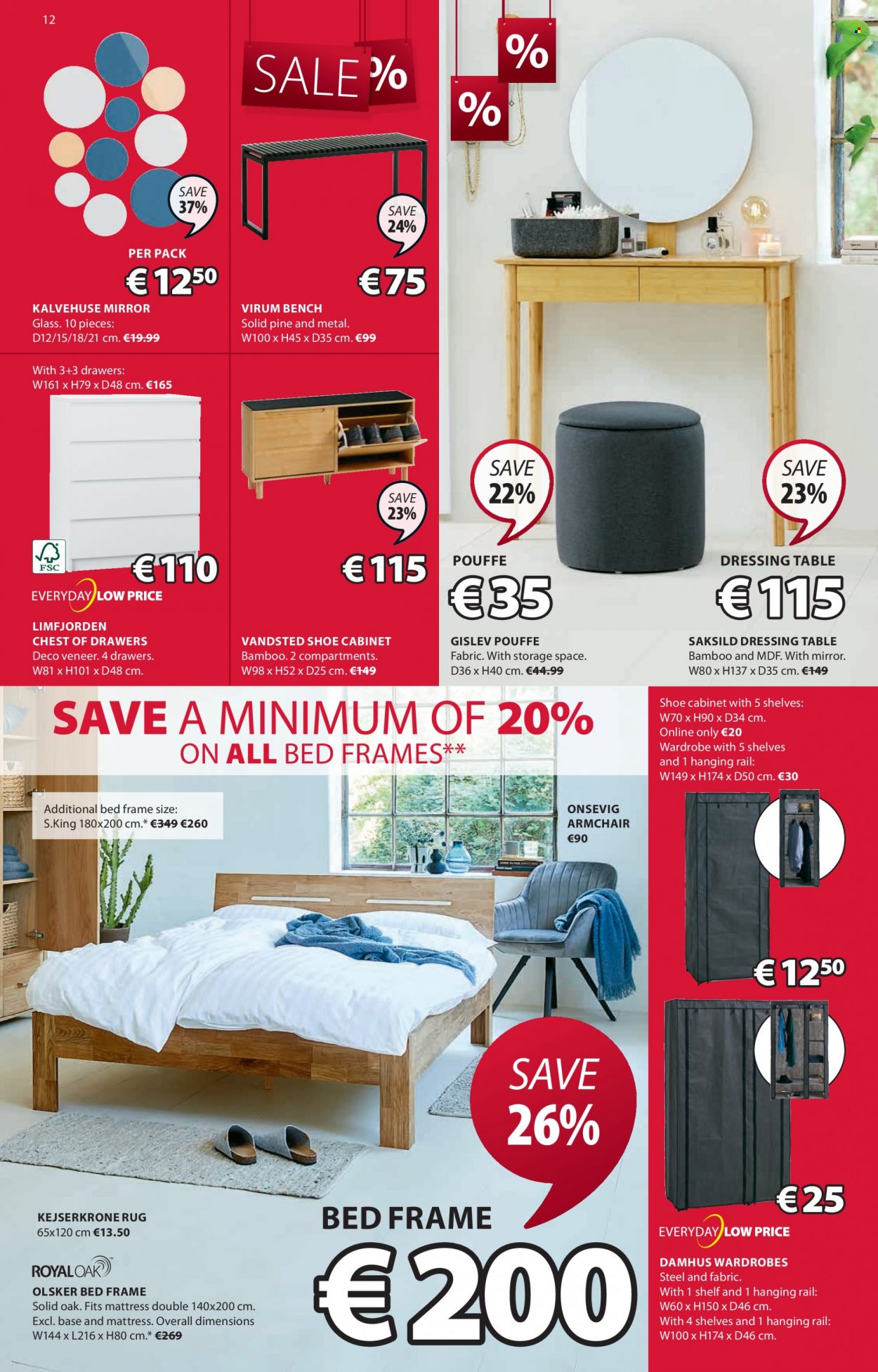 thumbnail - JYSK offer  - 23.06.2022 - 06.07.2022 - Sales products - cabinet, table, bench, arm chair, pouffe, chest of drawers, wardrobes, bed, bed frame, mattress, wardrobe, dressing table, shoe cabinet, mirror, rug. Page 12.