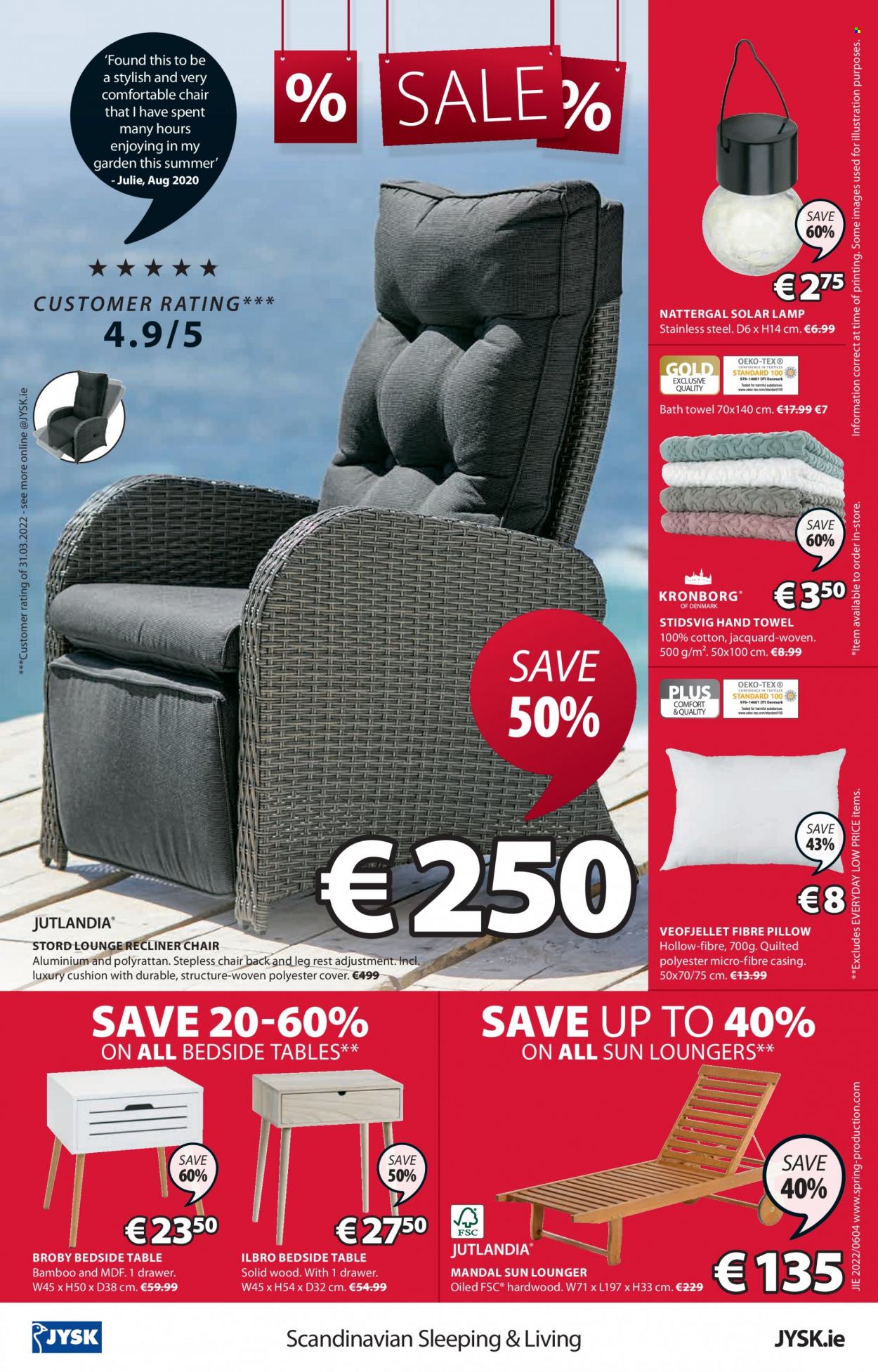 thumbnail - JYSK offer  - 23.06.2022 - 06.07.2022 - Sales products - table, chair, recliner chair, lounge, bedside table, cushion, pillow, bath towel, towel, hand towel, lamp. Page 24.