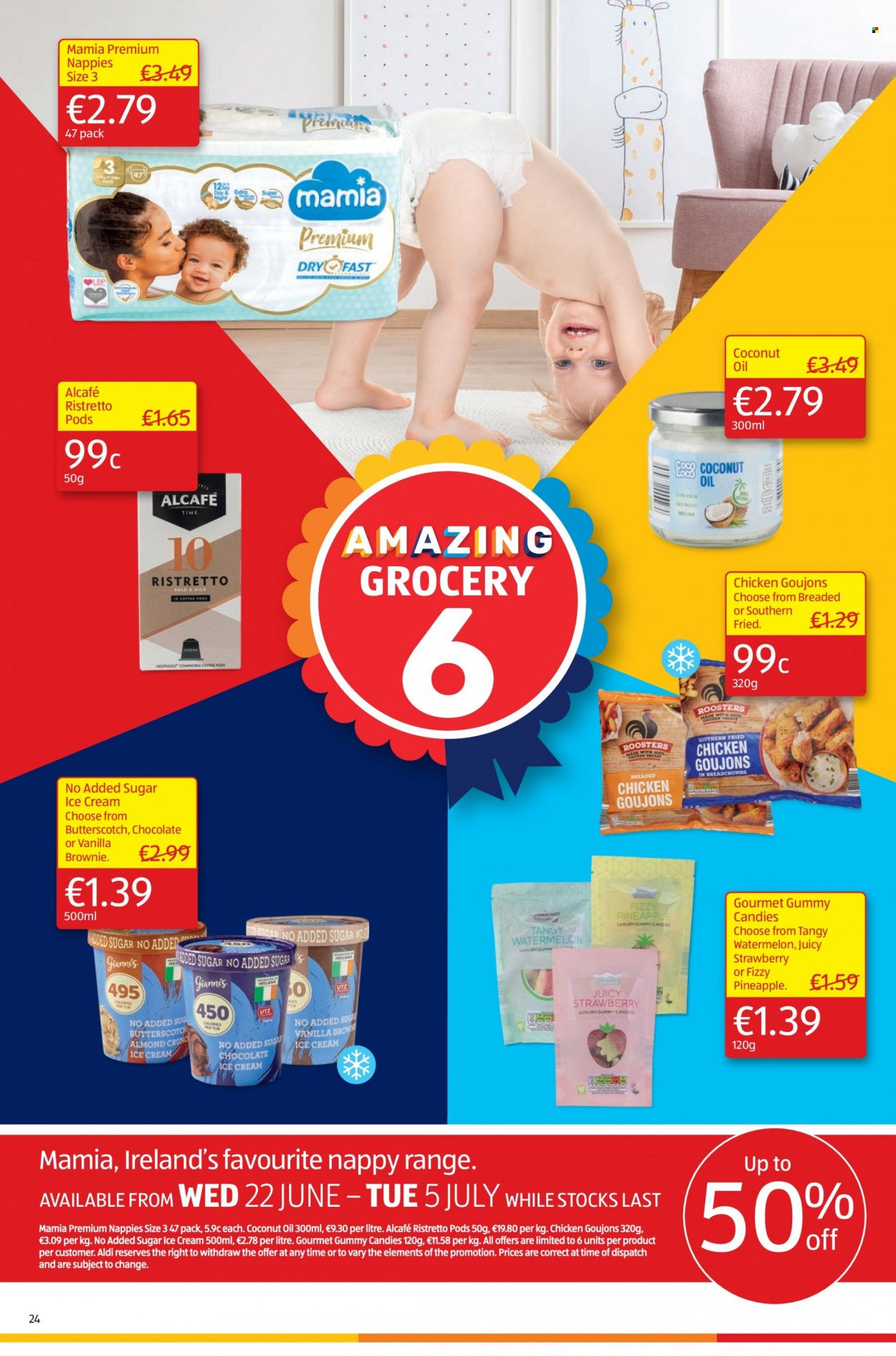 thumbnail - Aldi offer  - 30.06.2022 - 06.07.2022 - Sales products - brownies, watermelon, pineapple, ice cream, butterscotch, coconut oil, oil, nappies. Page 24.