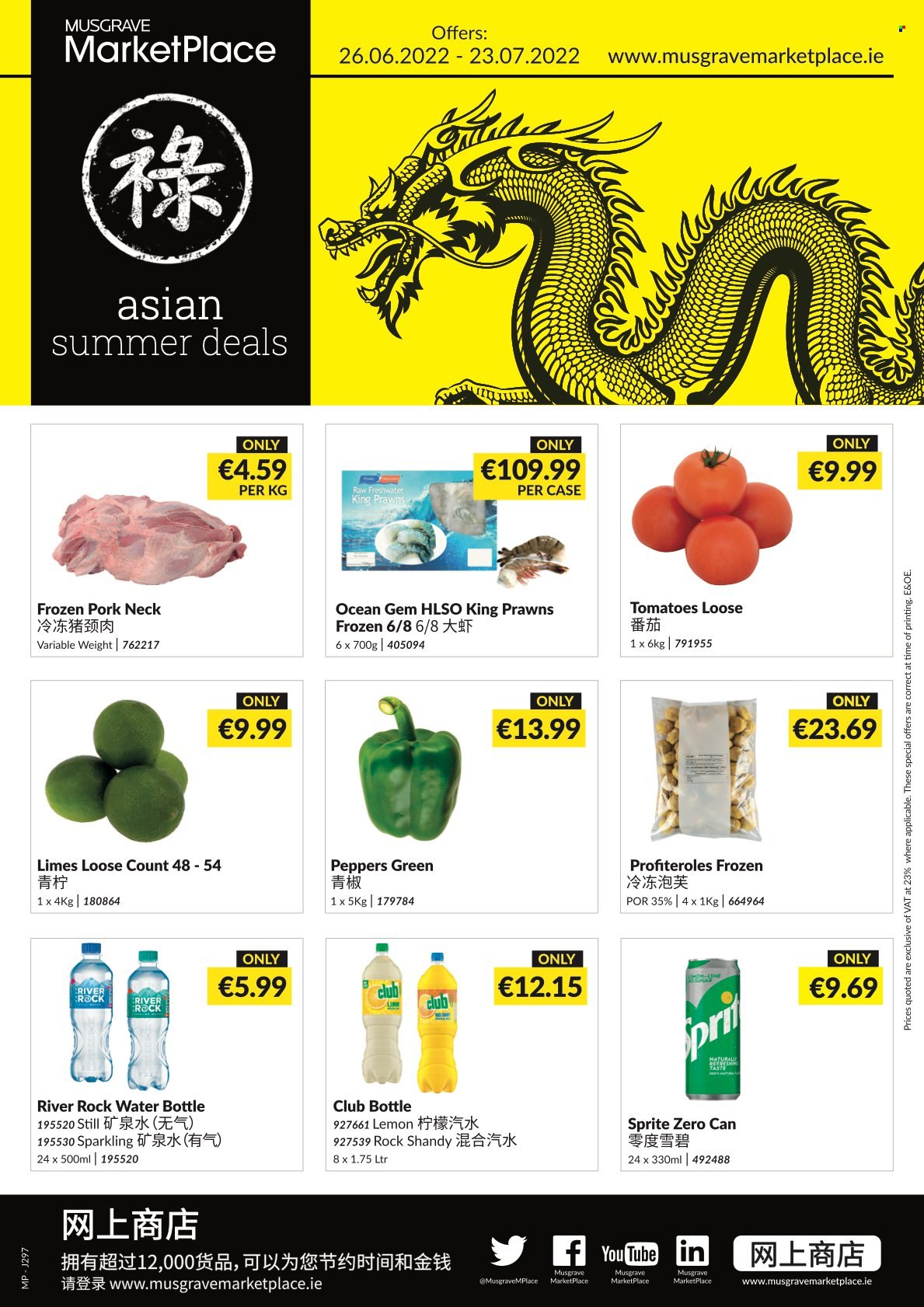 thumbnail - MUSGRAVE Market Place offer  - 26.06.2022 - 23.07.2022 - Sales products - tomatoes, peppers, limes, prawns, Sprite, drink bottle, pin. Page 1.