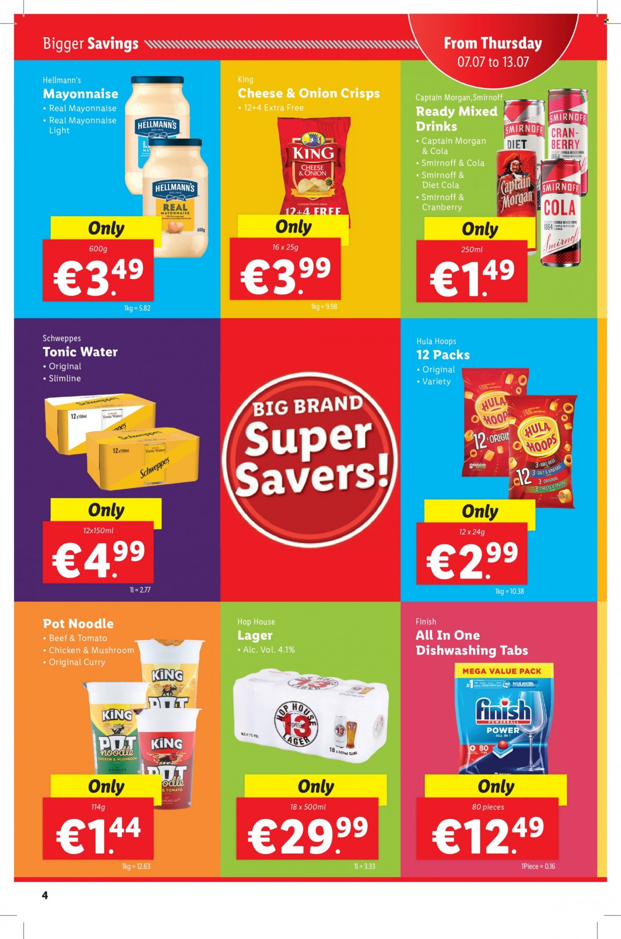 thumbnail - Lidl offer  - 07.07.2022 - 13.07.2022 - Sales products - noodles, mayonnaise, Hellmann’s, potato crisps, Hula Hoops, vinegar, Schweppes, tonic, Captain Morgan, Smirnoff, vodka, beer, Lager, Finish Powerball, pot, sunflower. Page 4.