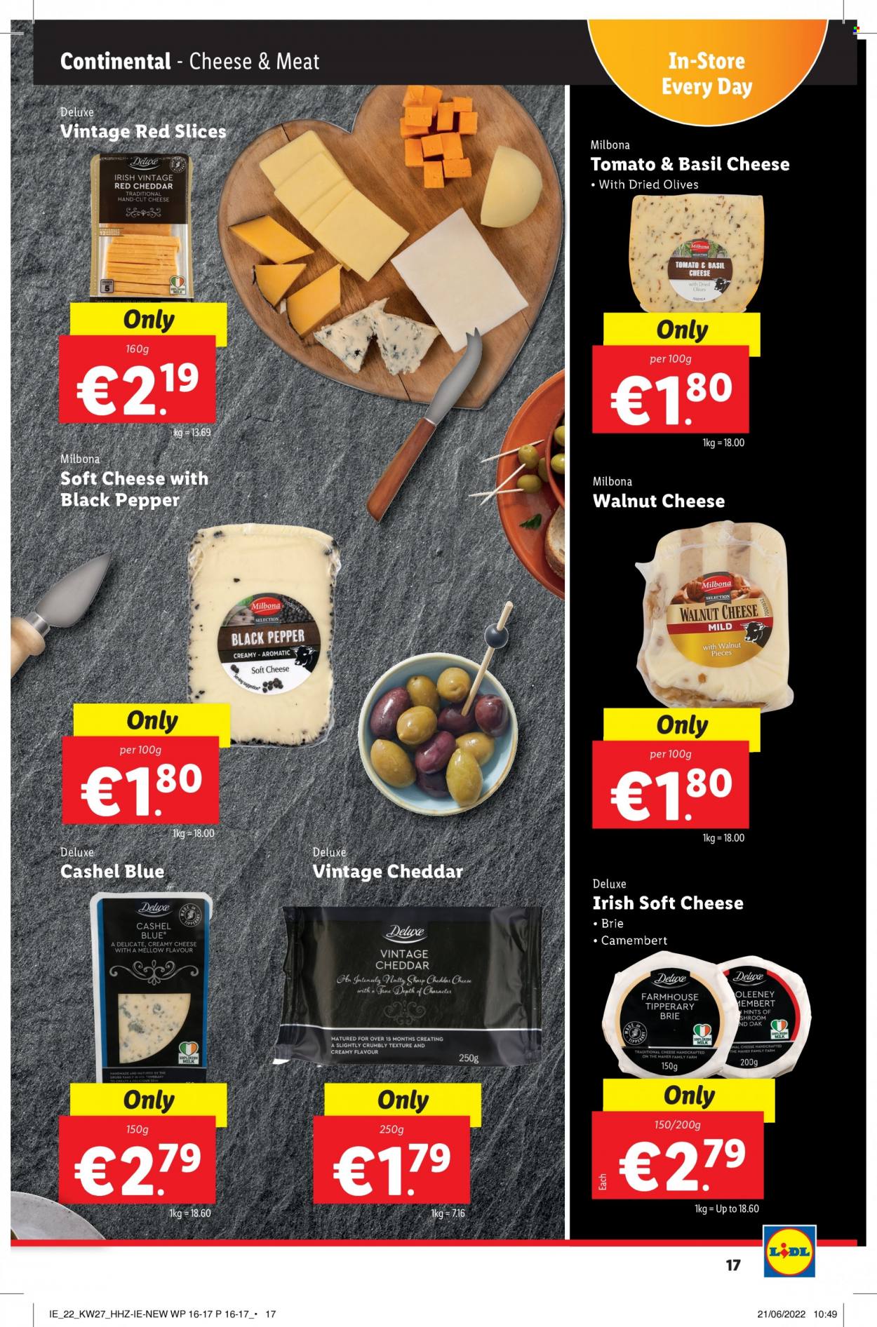 thumbnail - Lidl offer  - 07.07.2022 - 13.07.2022 - Sales products - Continental, camembert, soft cheese, cheddar, brie, milk, olives, walnuts. Page 17.
