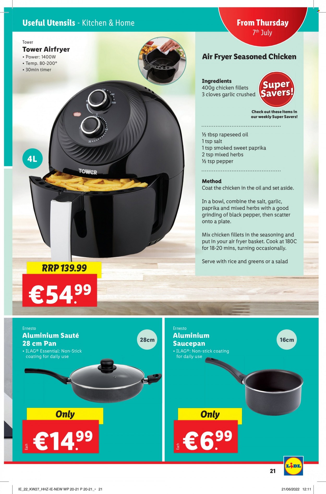thumbnail - Lidl offer  - 07.07.2022 - 13.07.2022 - Sales products - garlic, black pepper, cloves, spice, Ernesto, utensils, pan, saucepan, air fryer, coat. Page 21.