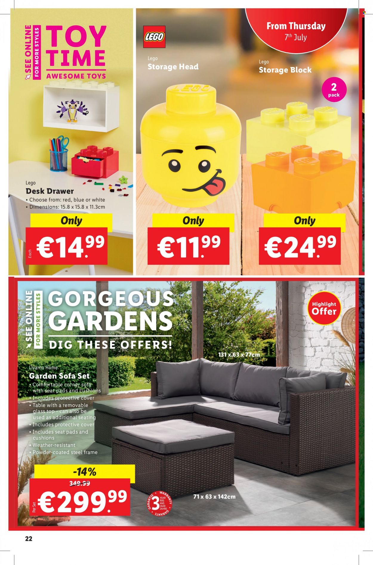 thumbnail - Lidl offer  - 07.07.2022 - 13.07.2022 - Sales products - table, corner sofa, sofa, desk, cushion, chair pad, LEGO, toys. Page 22.