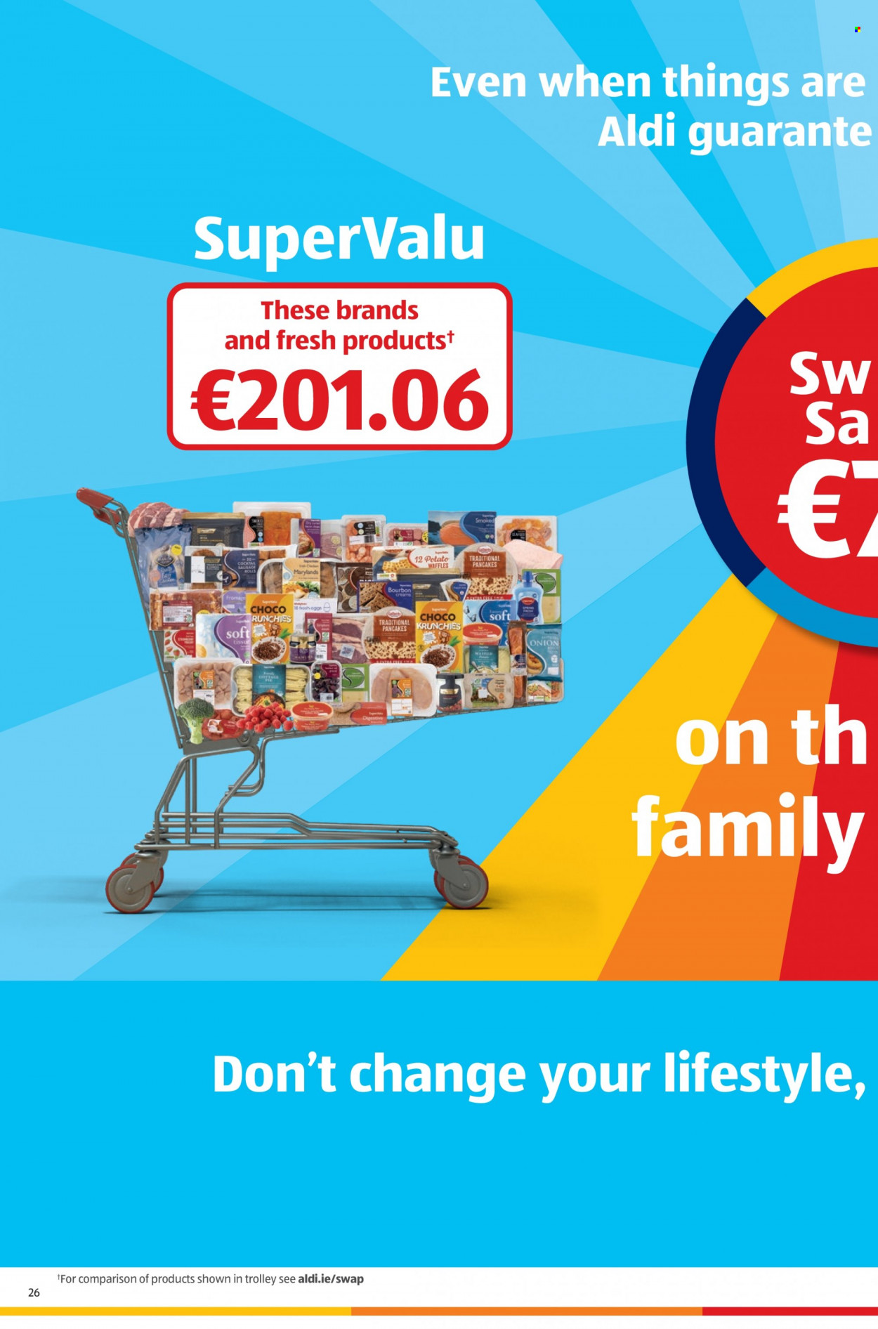 thumbnail - Aldi offer  - 07.07.2022 - 13.07.2022 - Sales products - sausage rolls, waffles, onion, pancakes, sausage, Digestive, tissues, trolley. Page 26.