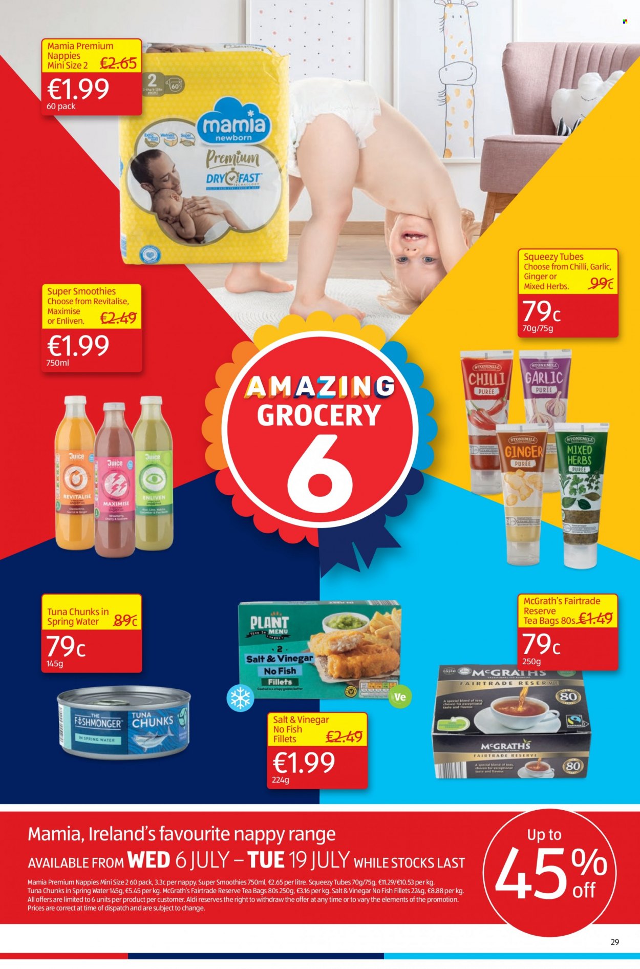 thumbnail - Aldi offer  - 07.07.2022 - 13.07.2022 - Sales products - garlic, fish fillets, tuna, fish, herbs, vinegar, smoothie, spring water, tea bags, nappies, Enliven. Page 29.
