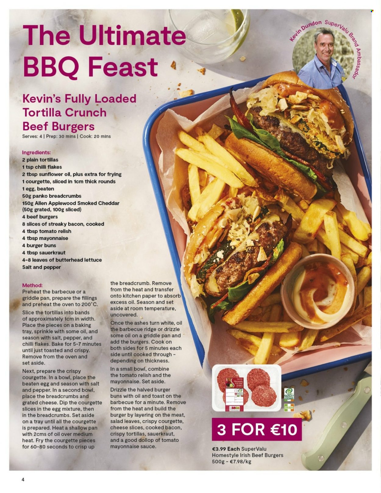 thumbnail - SuperValu offer  - Sales products - tortillas, buns, burger buns, panko breadcrumbs, beef burger, bacon, streaky bacon, sliced cheese, cheddar, cheese, grated cheese, eggs, sauerkraut, pepper, sunflower oil, paper. Page 4.