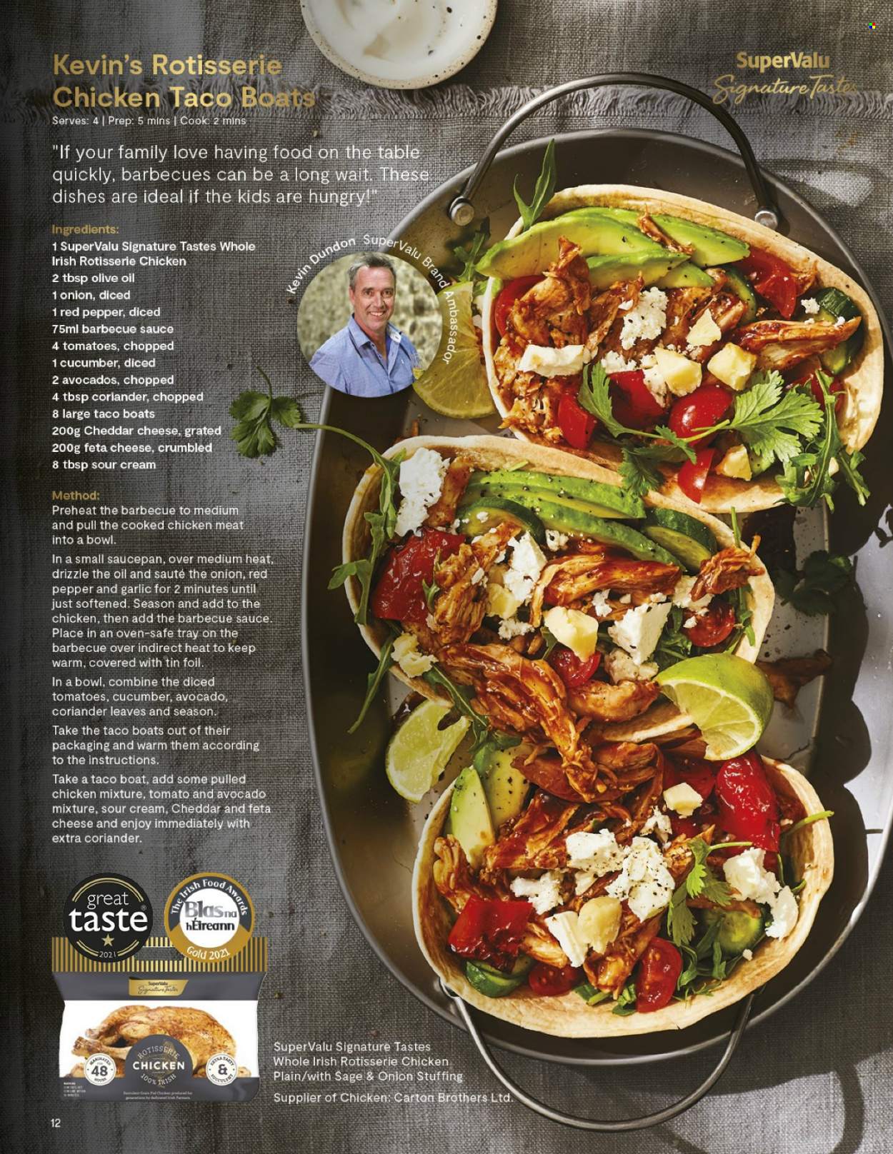 thumbnail - SuperValu offer  - Sales products - garlic, chicken roast, pulled chicken, cheddar, cheese, feta, sour cream, diced tomatoes, coriander, BBQ sauce, BROTHERS. Page 12.