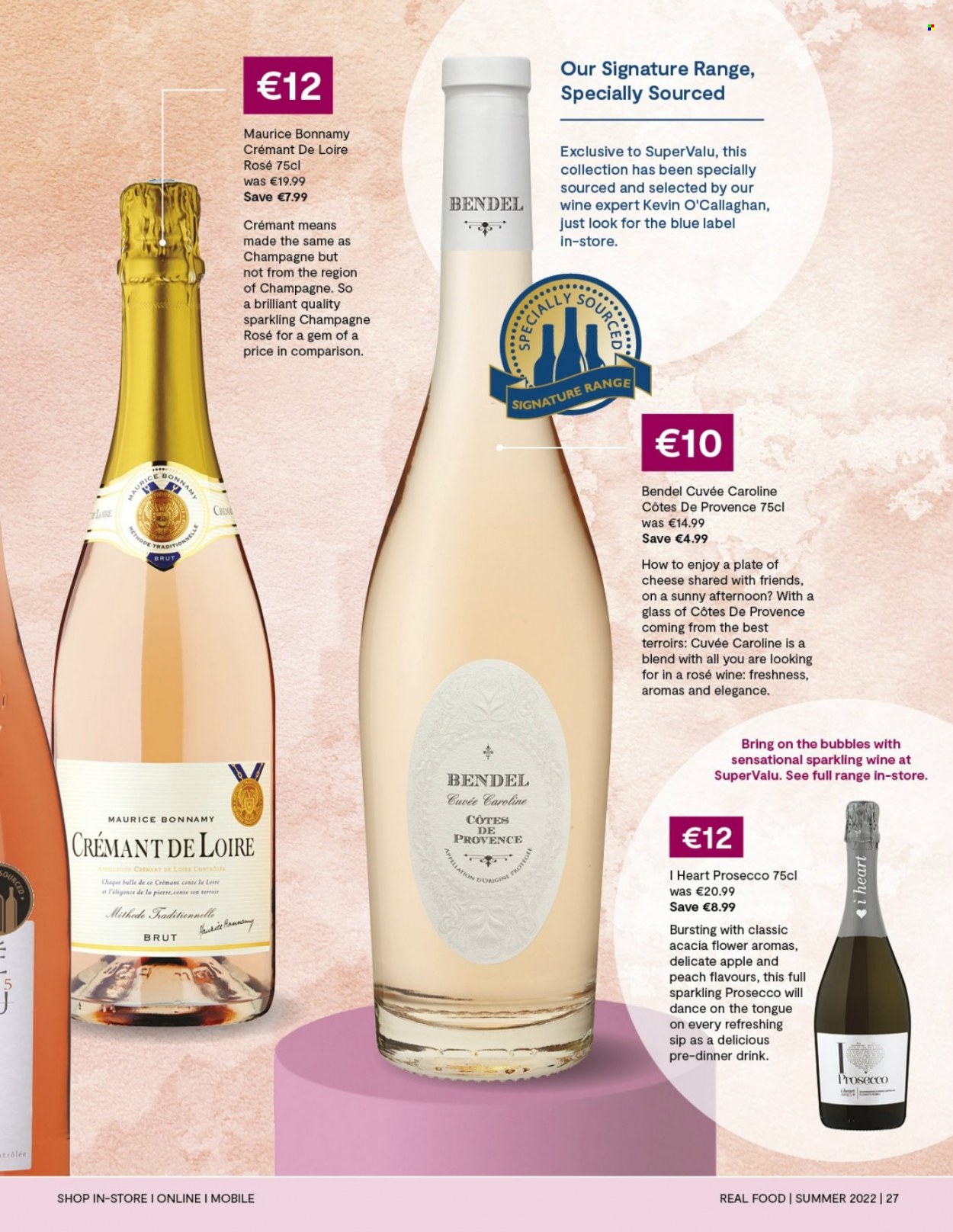 thumbnail - SuperValu offer  - Sales products - cheese, sparkling wine, champagne, prosecco, wine, Cuvée, rosé wine. Page 27.