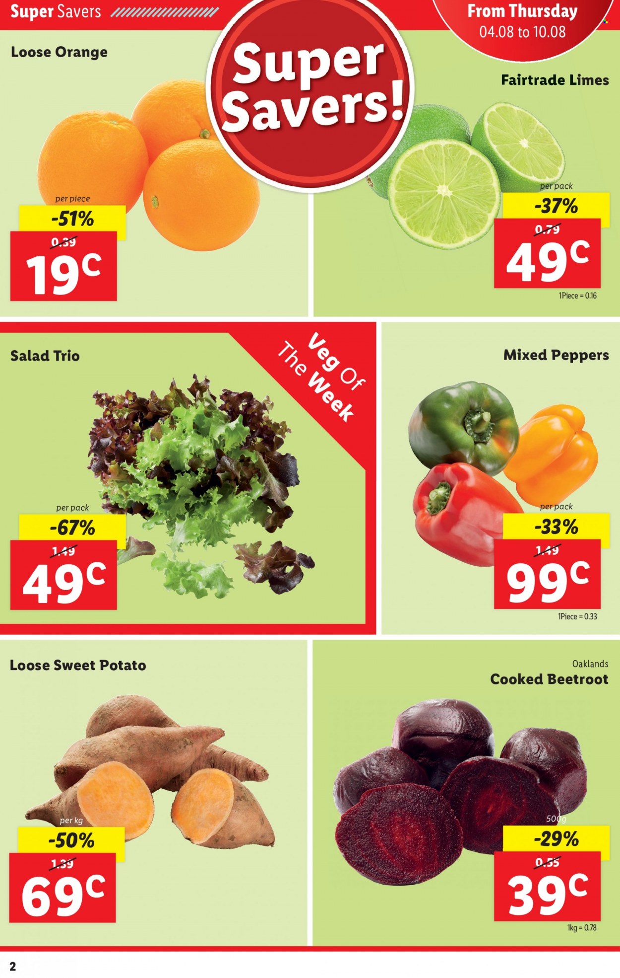 thumbnail - Lidl offer  - 04.08.2022 - 10.08.2022 - Sales products - sweet potato, potatoes, salad, peppers, beetroot, limes, oranges. Page 2.