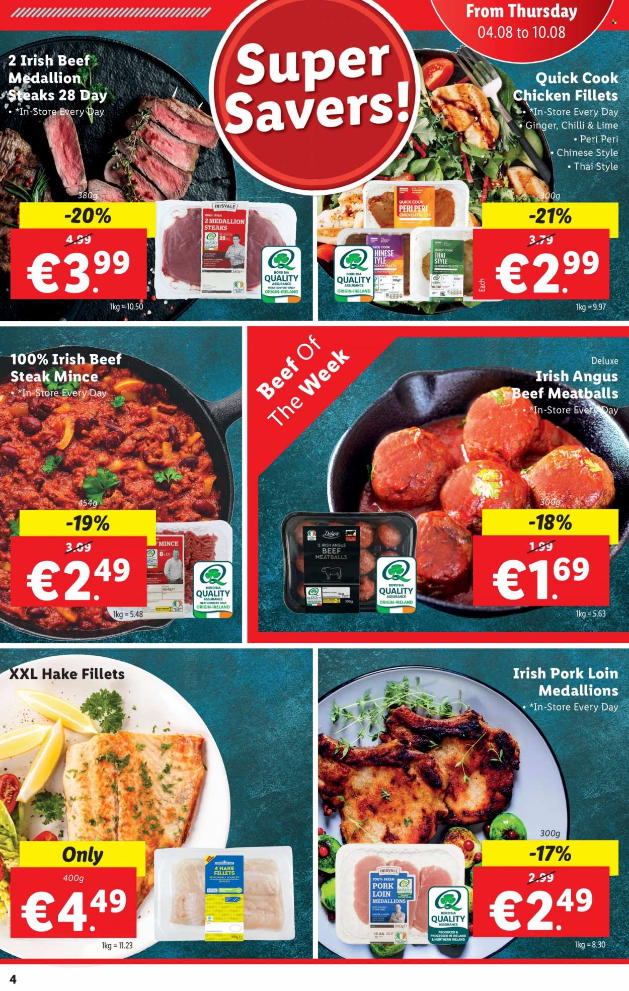 thumbnail - Lidl offer  - 04.08.2022 - 10.08.2022 - Sales products - ginger, hake, meatballs, beef meat, beef steak, steak, pork loin, pork meat. Page 4.