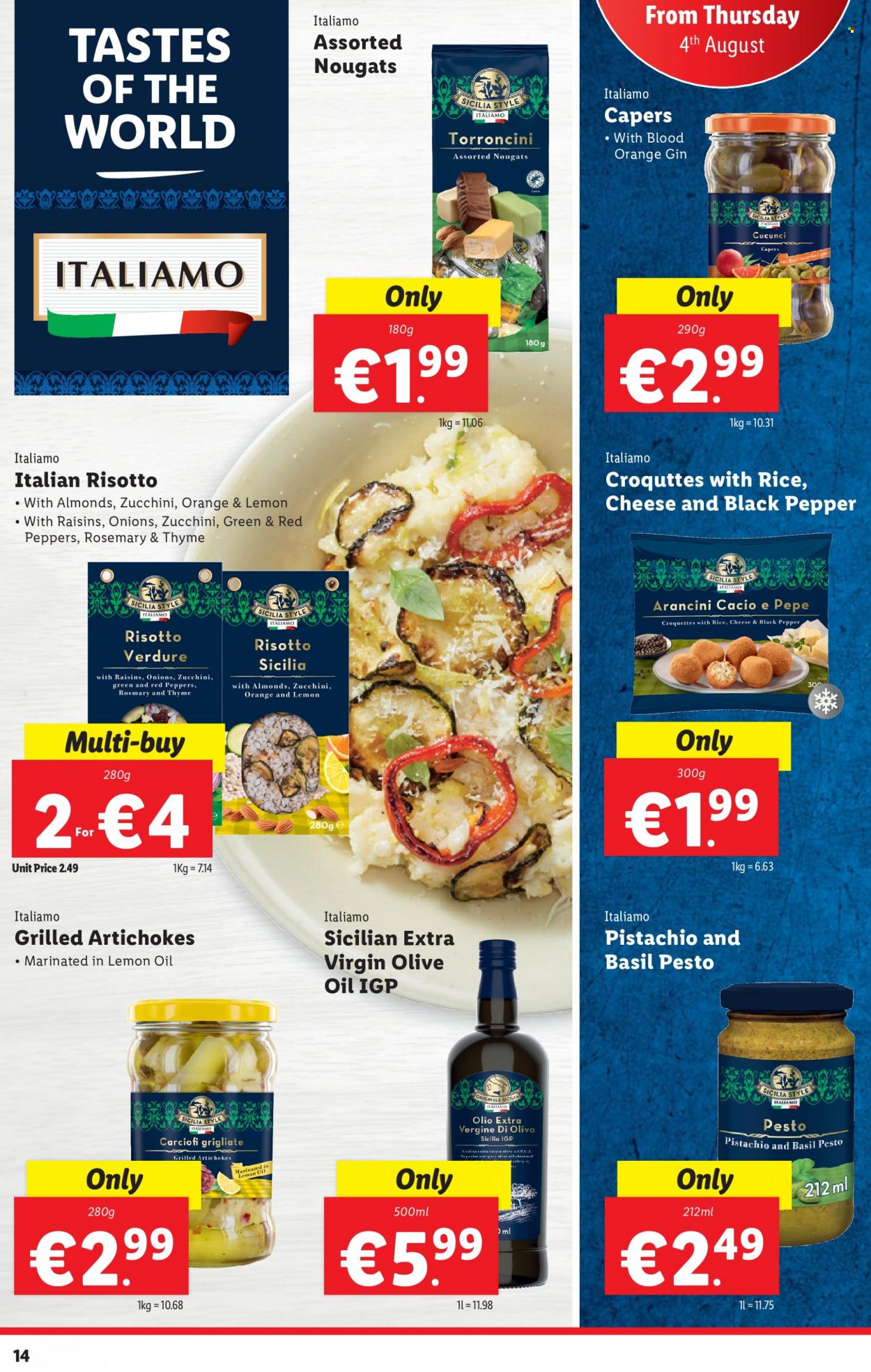 thumbnail - Lidl offer  - 04.08.2022 - 10.08.2022 - Sales products - artichoke, zucchini, red peppers, risotto, potato croquettes, capers, rosemary, black pepper, pesto, basil pesto, extra virgin olive oil, olive oil, oil, raisins, dried fruit, gin. Page 14.