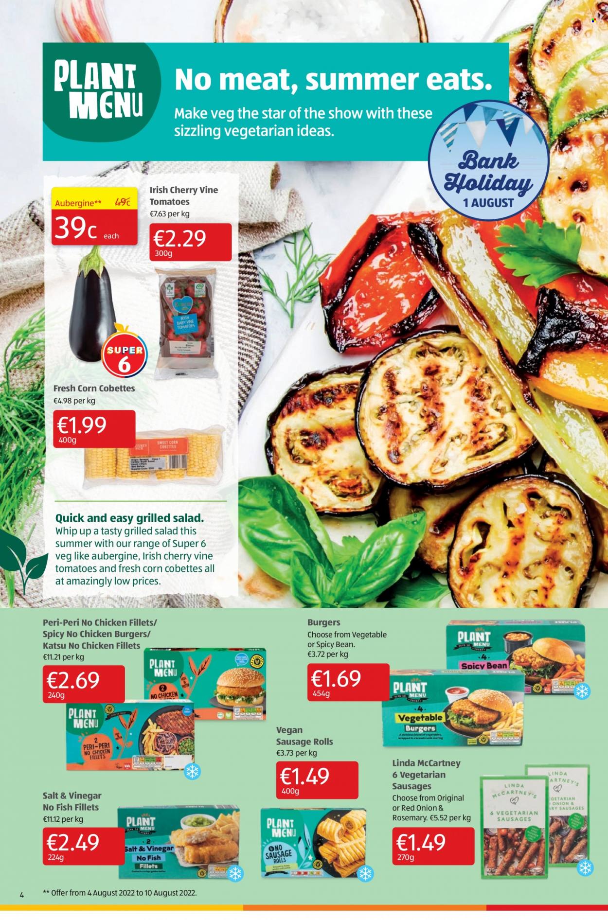 thumbnail - Aldi offer  - 04.08.2022 - 10.08.2022 - Sales products - sausage rolls, corn, eggplant, cherries, fish fillets, fish, hamburger, sausage, vinegar. Page 4.
