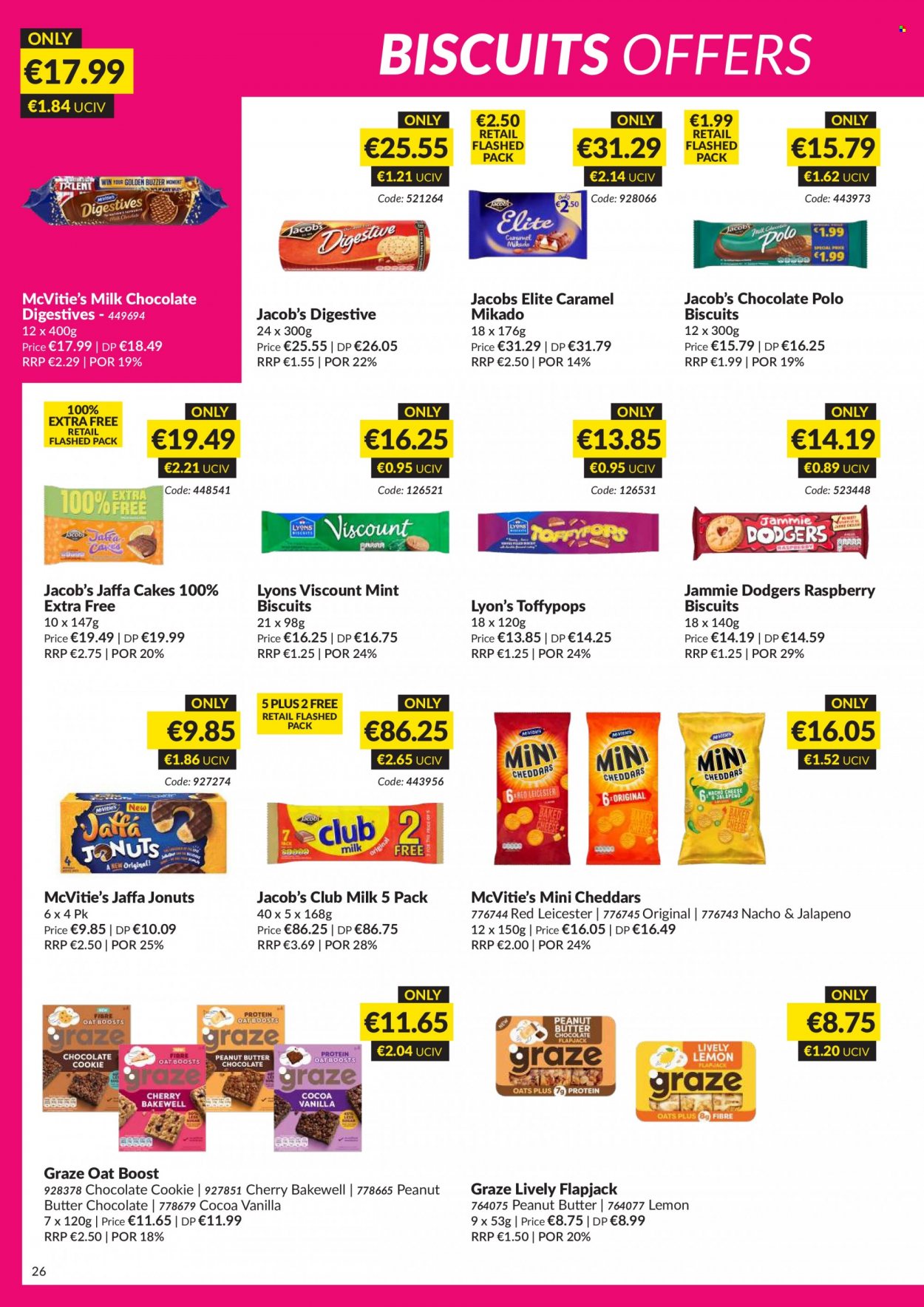 thumbnail - MUSGRAVE Market Place offer  - 31.07.2022 - 27.08.2022 - Sales products - cake, cherries, Red Leicester, milk chocolate, chocolate, biscuit, club milk, Digestive, cocoa, oats, caramel, peanut butter, Graze, Boost, Lyons, Jacobs. Page 26.