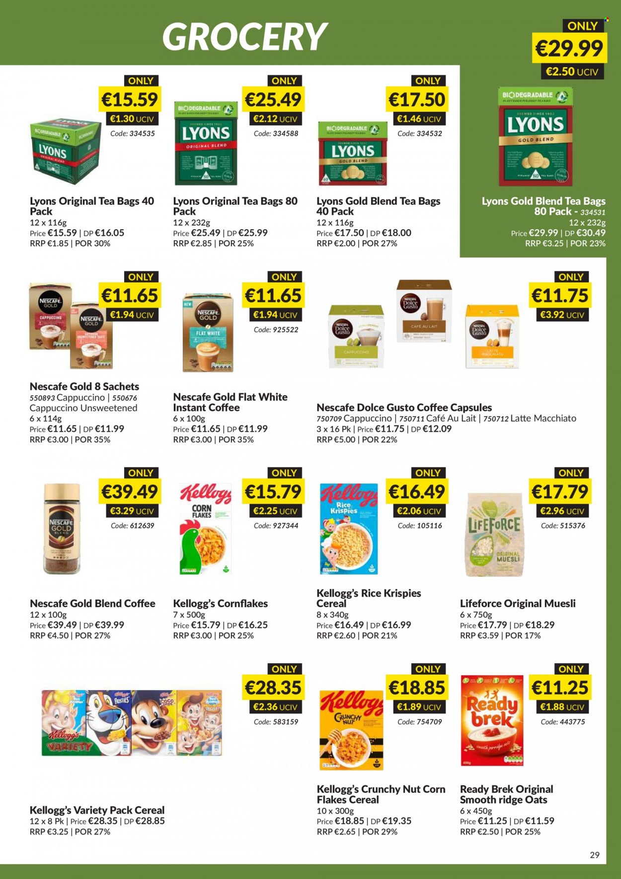 thumbnail - MUSGRAVE Market Place offer  - 31.07.2022 - 27.08.2022 - Sales products - Kellogg's, oats, cereals, corn flakes, muesli, Rice Krispies, tea bags, Lyons, cappuccino, instant coffee, Nescafé, Dolce Gusto, coffee capsules. Page 29.